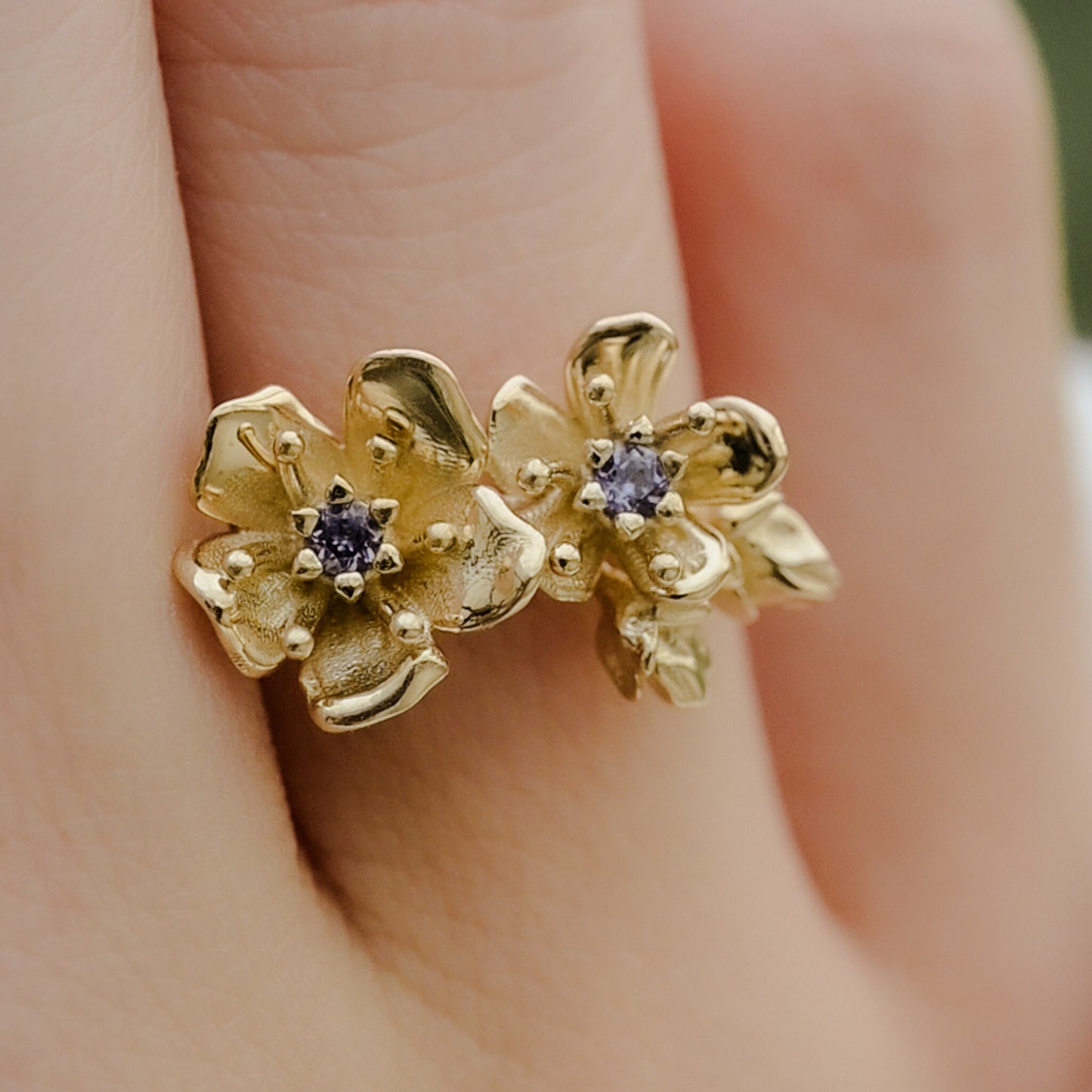 Cherry Blossom Ring in Solid 14k Gold with 2mm genuine blue sapphires Size 6