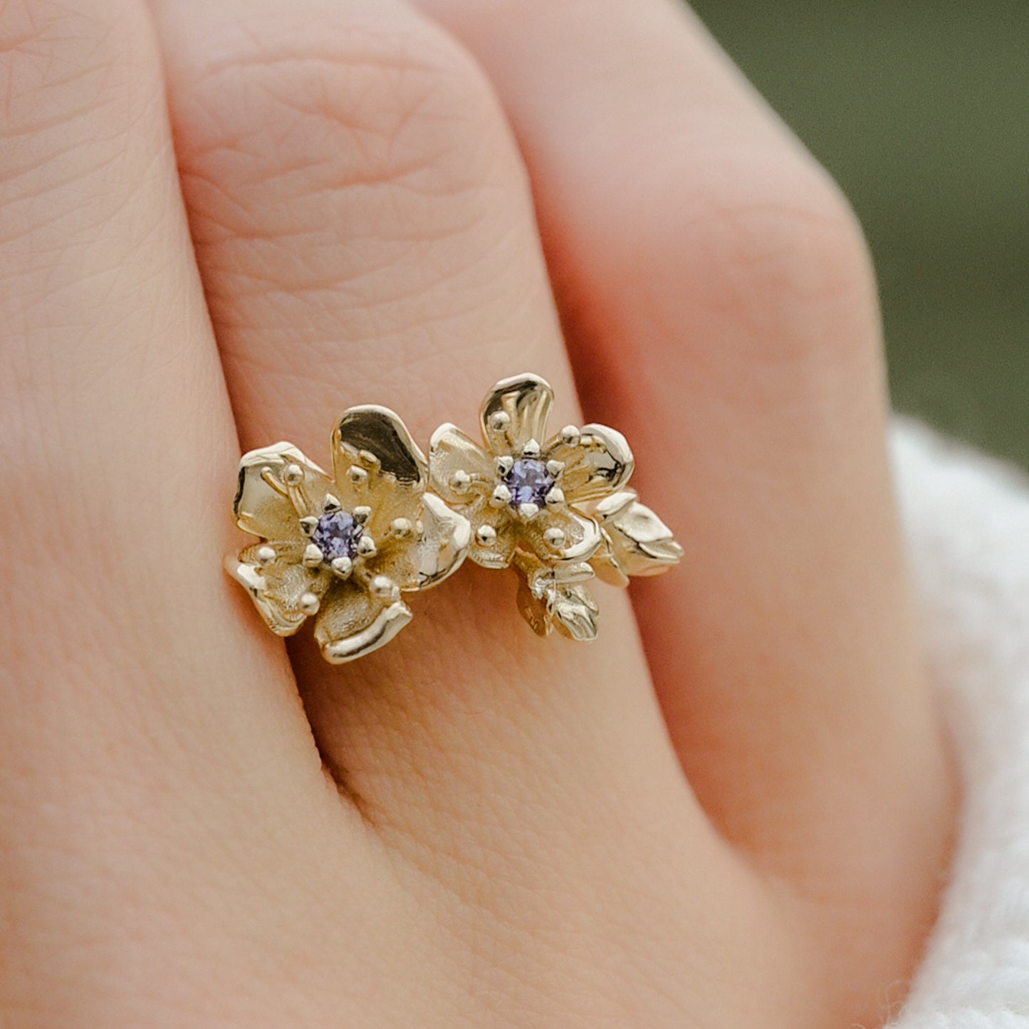 Cherry Blossom Ring in Solid 14k Gold with 2mm genuine blue sapphires Size 6