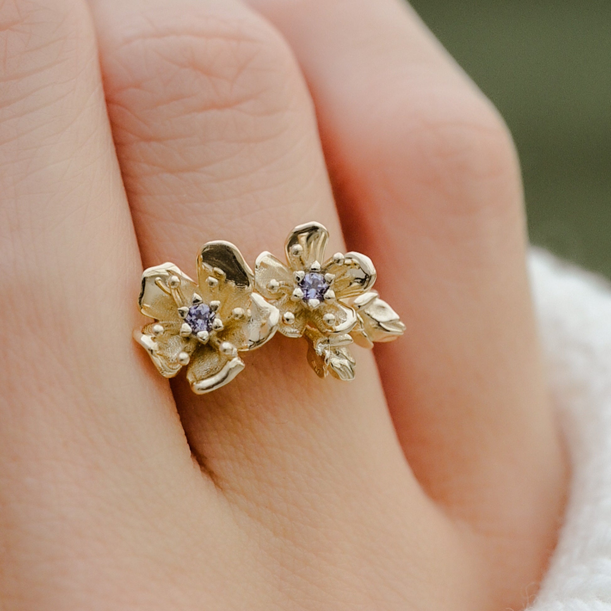 Cherry Blossom Ring in Solid 14k Gold with 2mm genuine blue sapphires Size 6