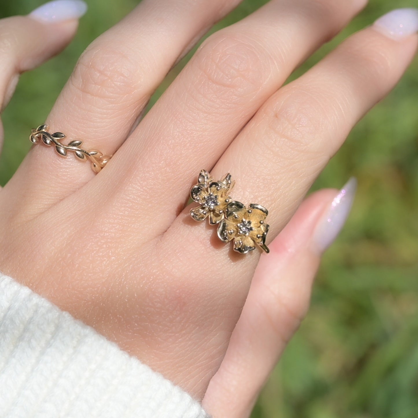 Cherry Blossom Ring in Solid 14k Gold with 2mm genuine blue sapphires Size 6