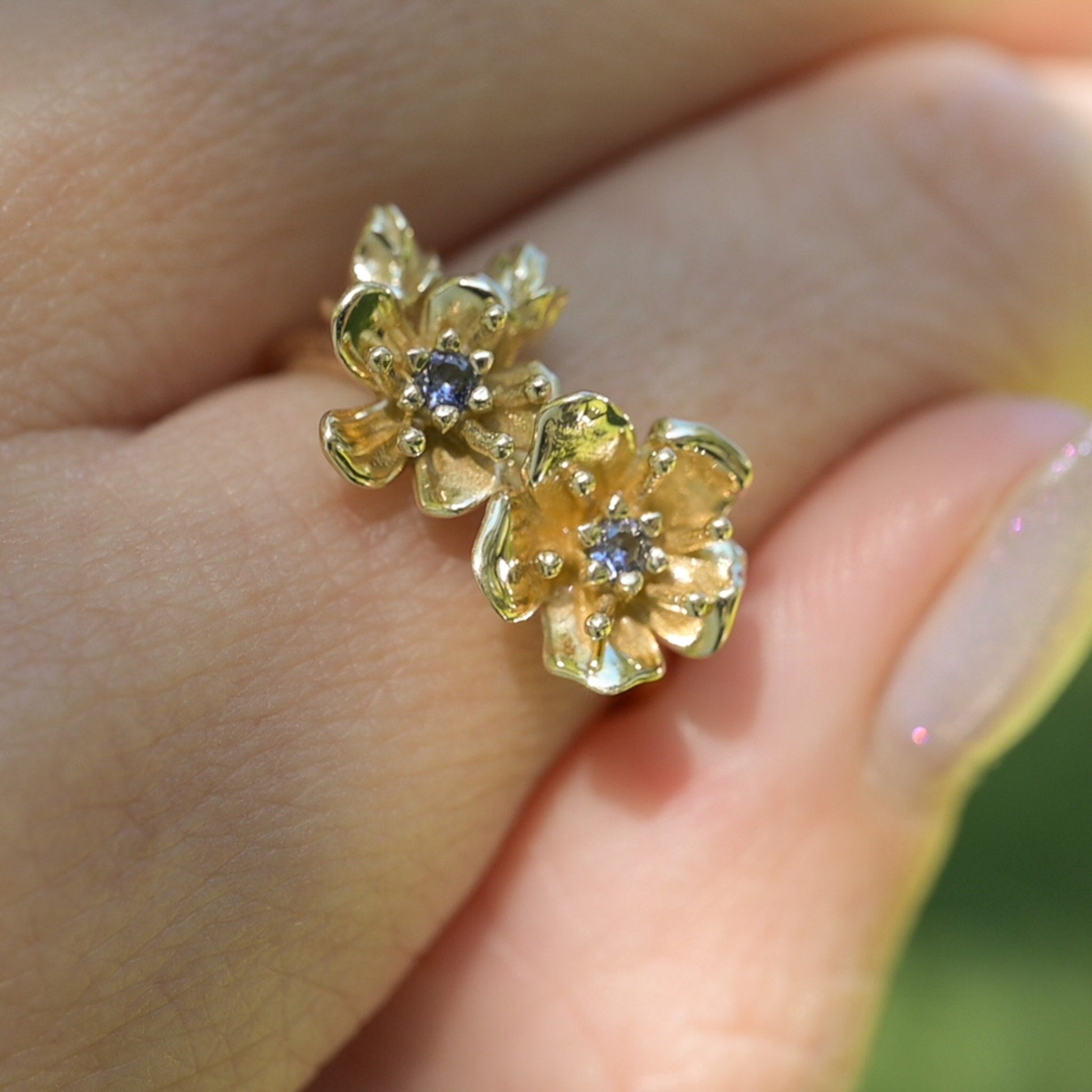 Cherry Blossom Ring in Solid 14k Gold with 2mm genuine blue sapphires Size 6