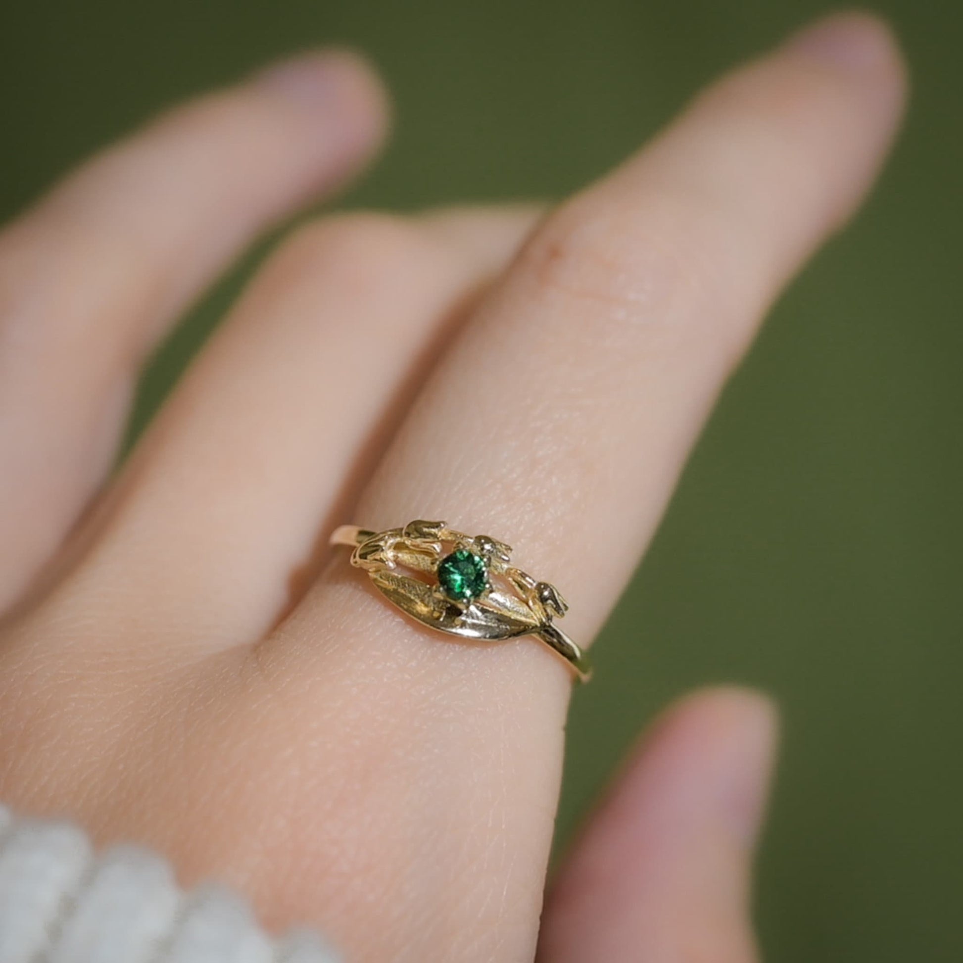 Emerald Lily of the Valley Vermeil May Birth Month Flower Ring, May Birthstone, Aesthetic Ring, Ameliarayjewelry, Size 8