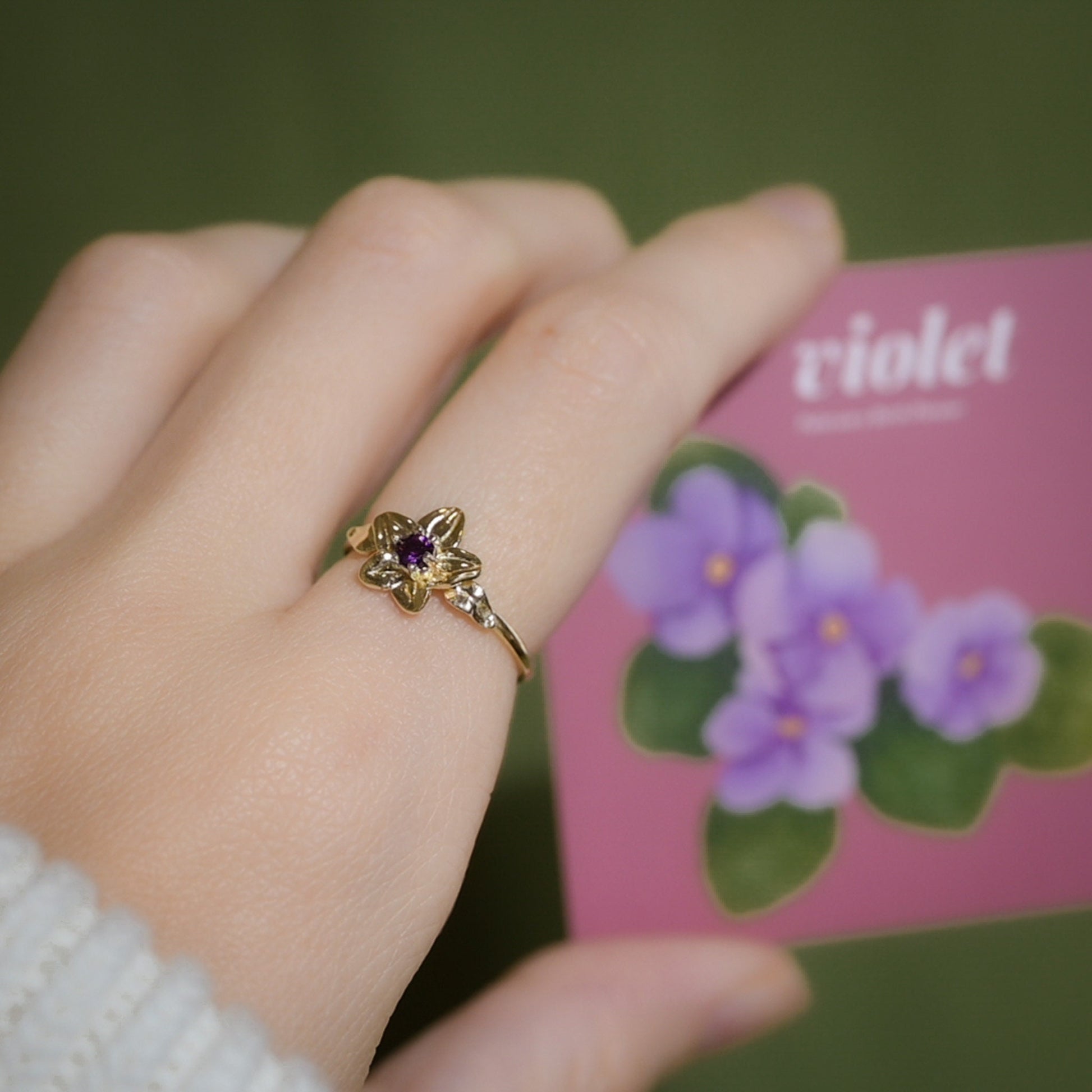 Violet Flower Ring • February Birth Flower Ring • Amethyst • Purple Birthstone