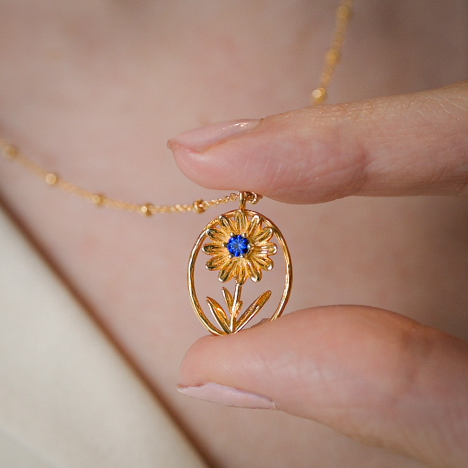 Aster Flower Necklace - Personalized Jewelry - September Birth Flower Gift, 14K Gold Plate with a Beaded Gold Filled chain