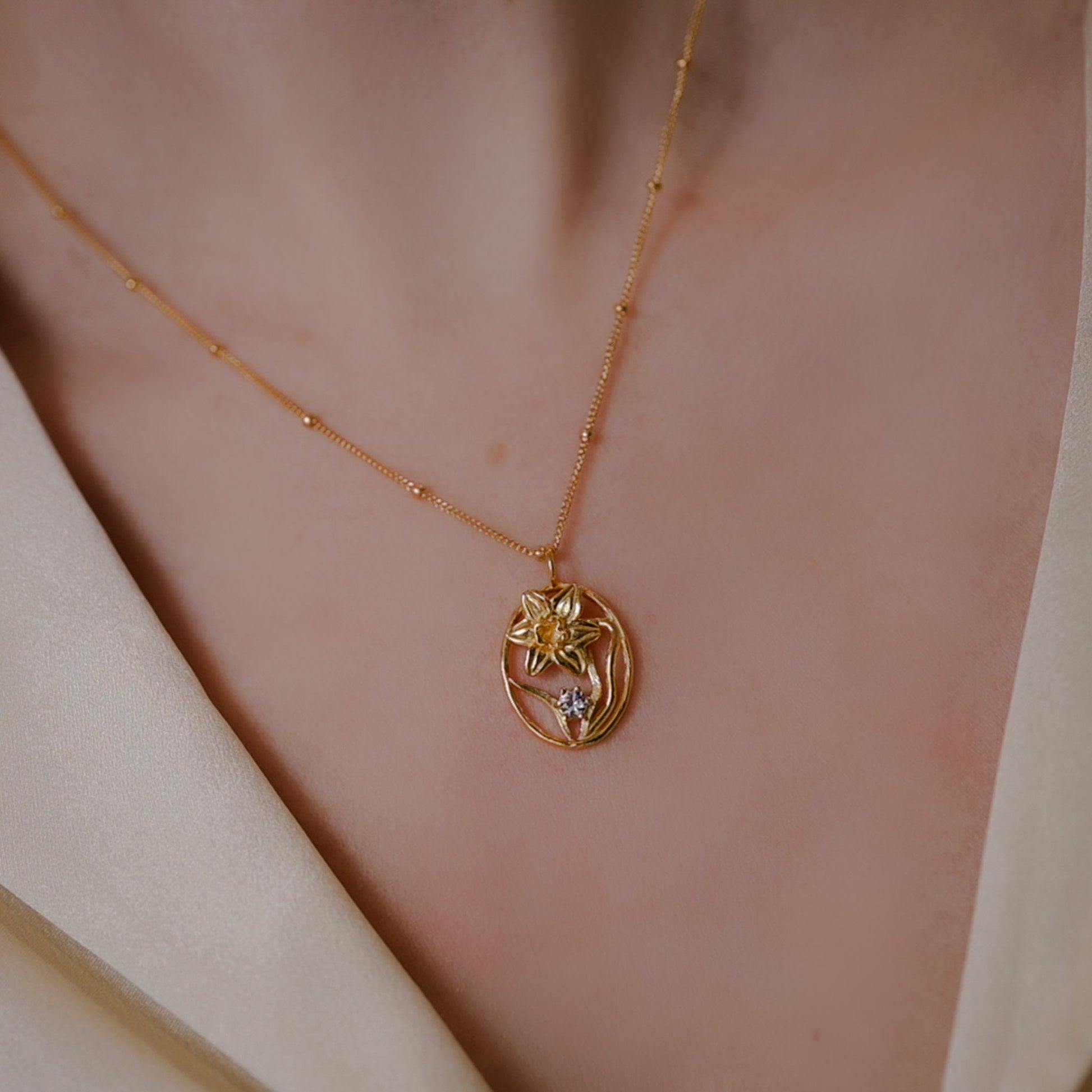 Daffodil Flower Necklace - Personalized Jewelry - September Birth Flower Gift, 14K Gold Plate with a Beaded Gold Filled chain