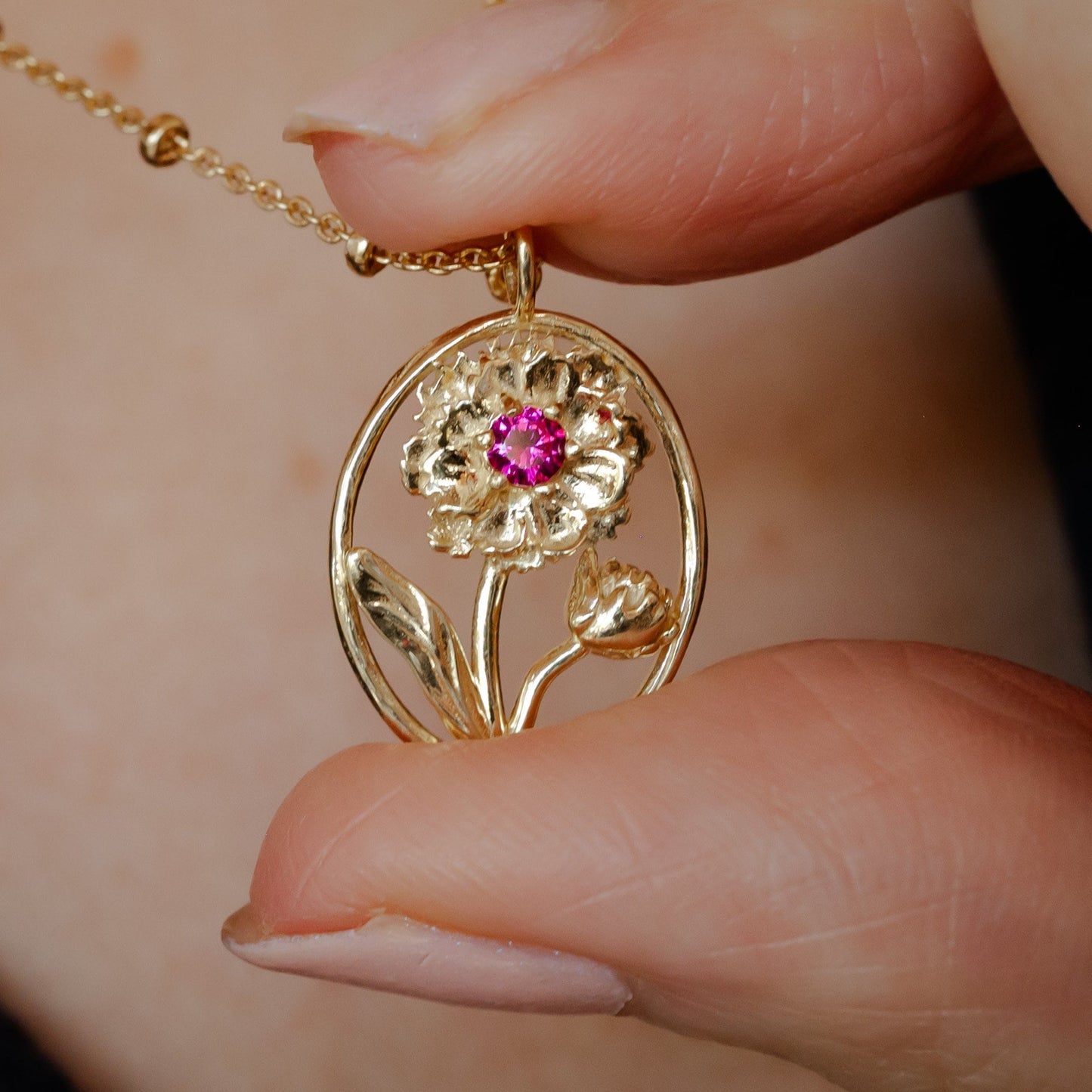 Carnation Flower Necklace - Personalized Jewelry - January Birth Month Flower Gift, 14K Gold Plate with a Beaded Gold Filled chain