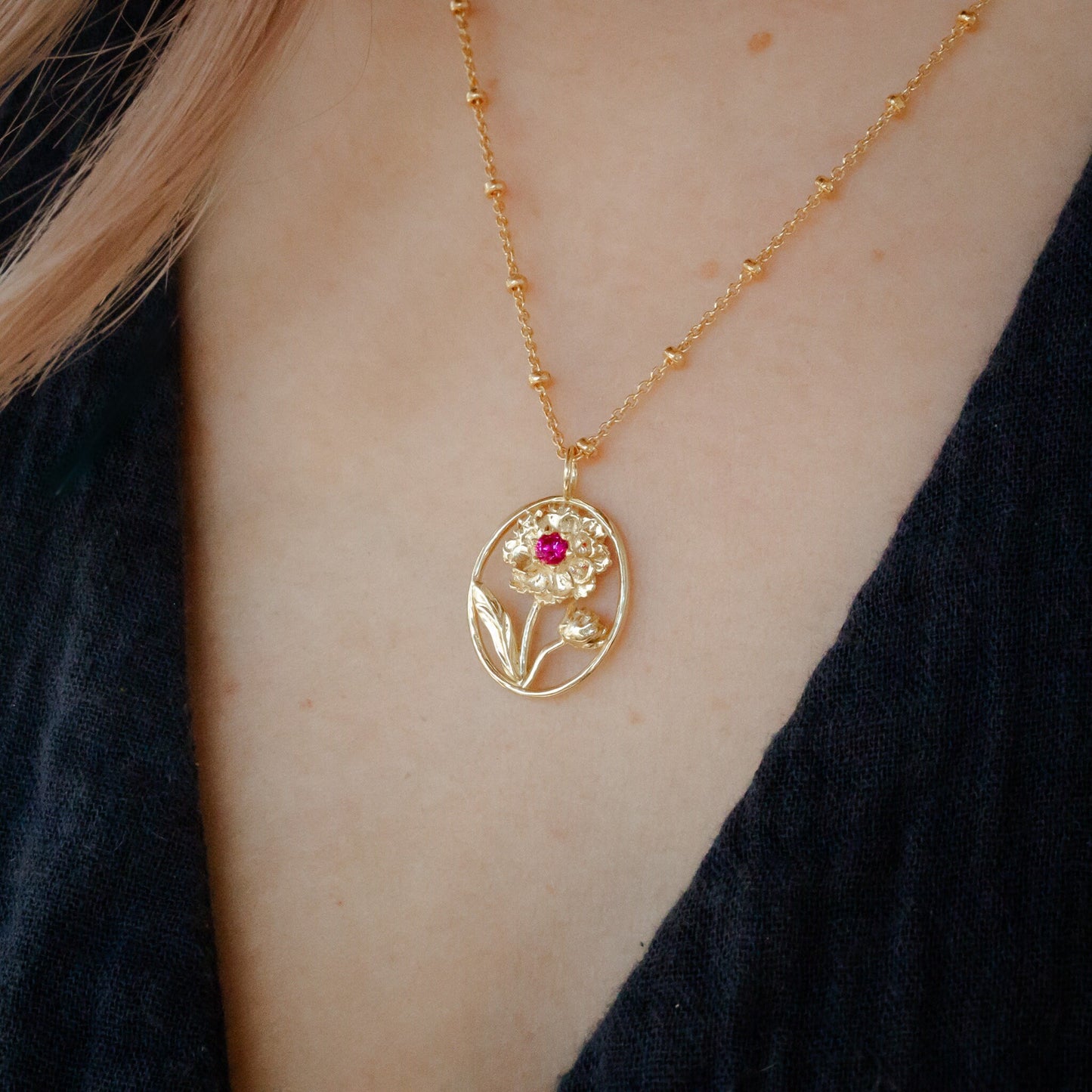 Carnation Flower Necklace - Personalized Jewelry - January Birth Month Flower Gift, 14K Gold Plate with a Beaded Gold Filled chain