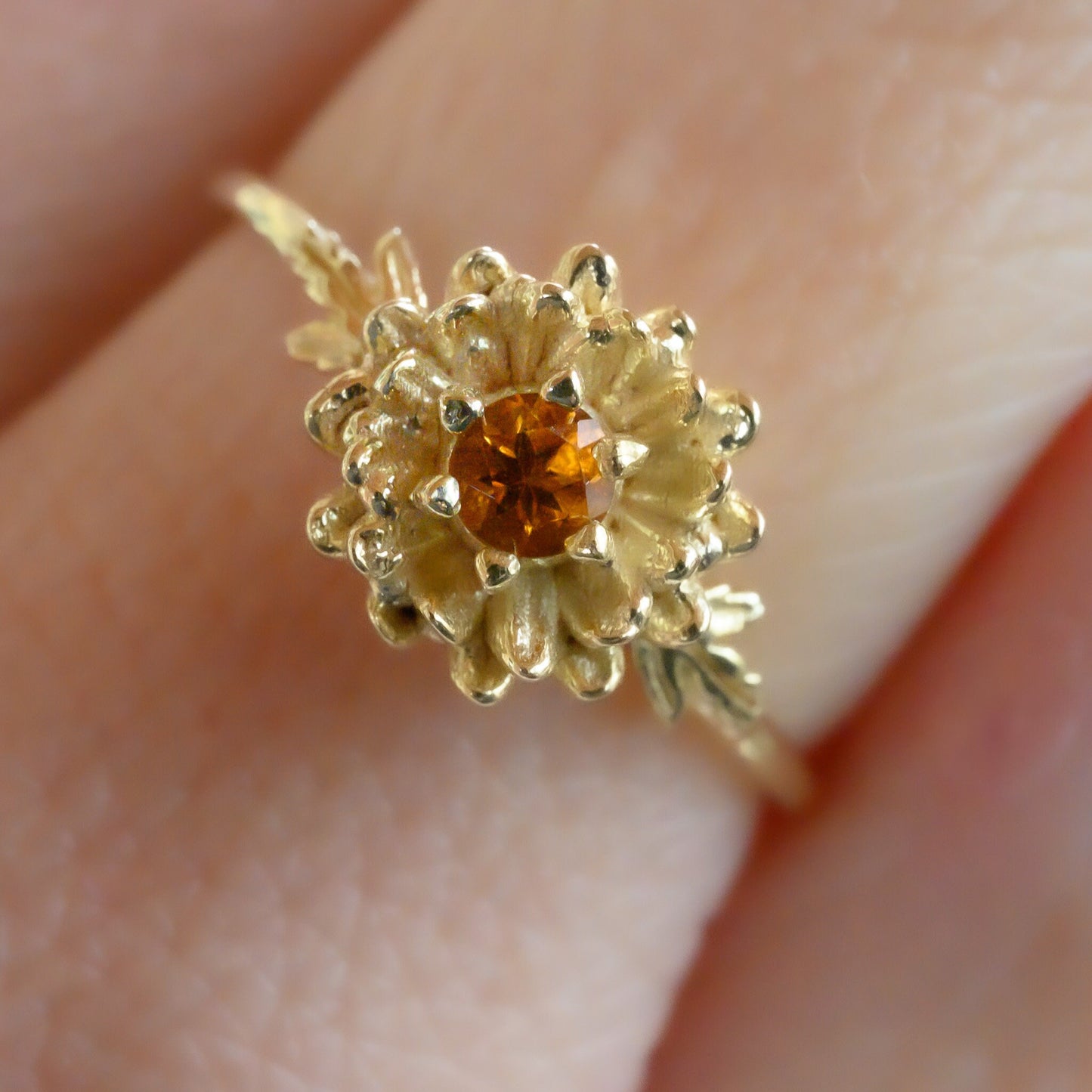 Chrysanthemum Flower Ring- Personalized Jewelry - November Birth Month Flower Gift, Solid Gold Vermeil or Silver, Citrine Brith stone