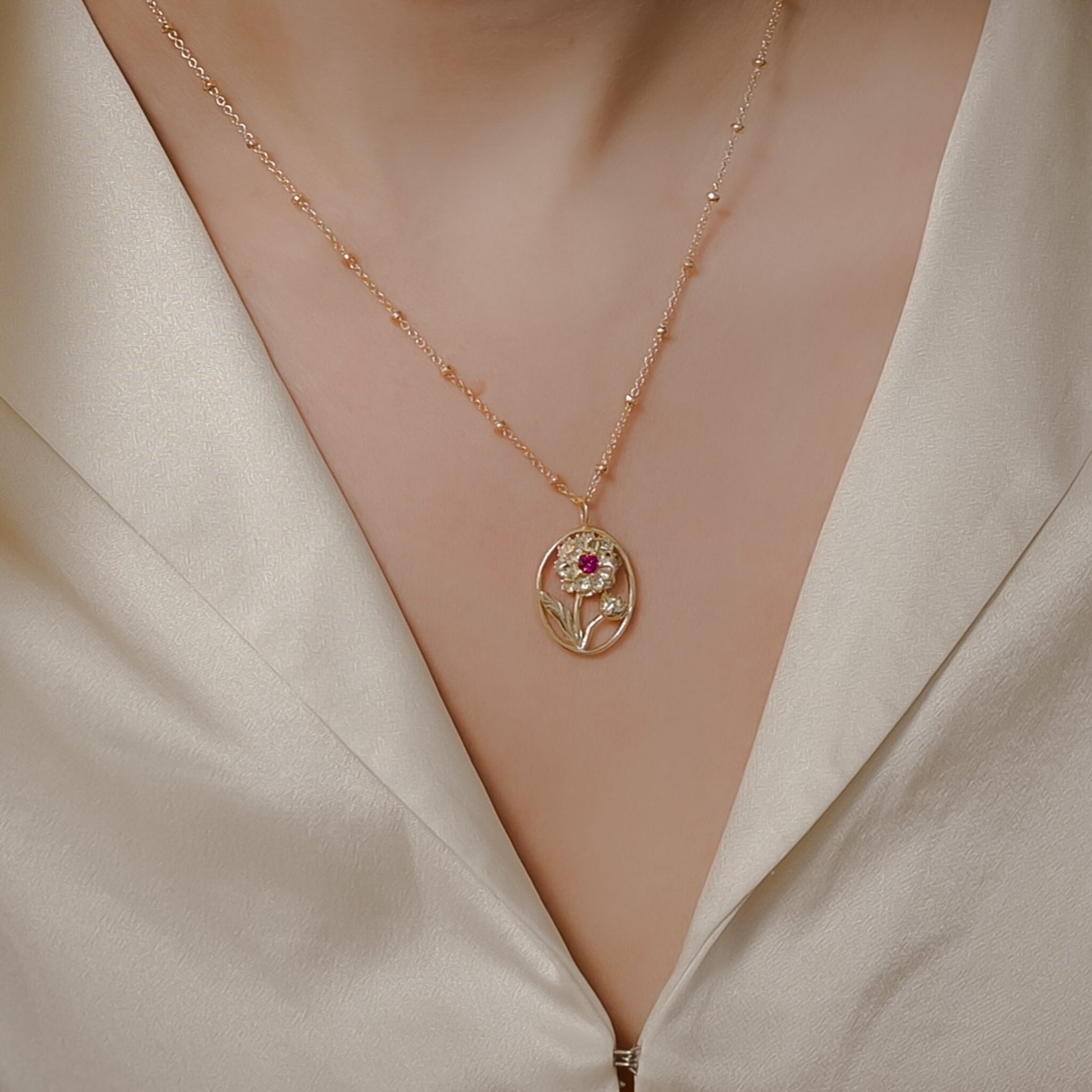 Carnation Flower Necklace - Personalized Jewelry - January Birth Month Flower Gift, 14K Gold Plate with a Beaded Gold Filled chain