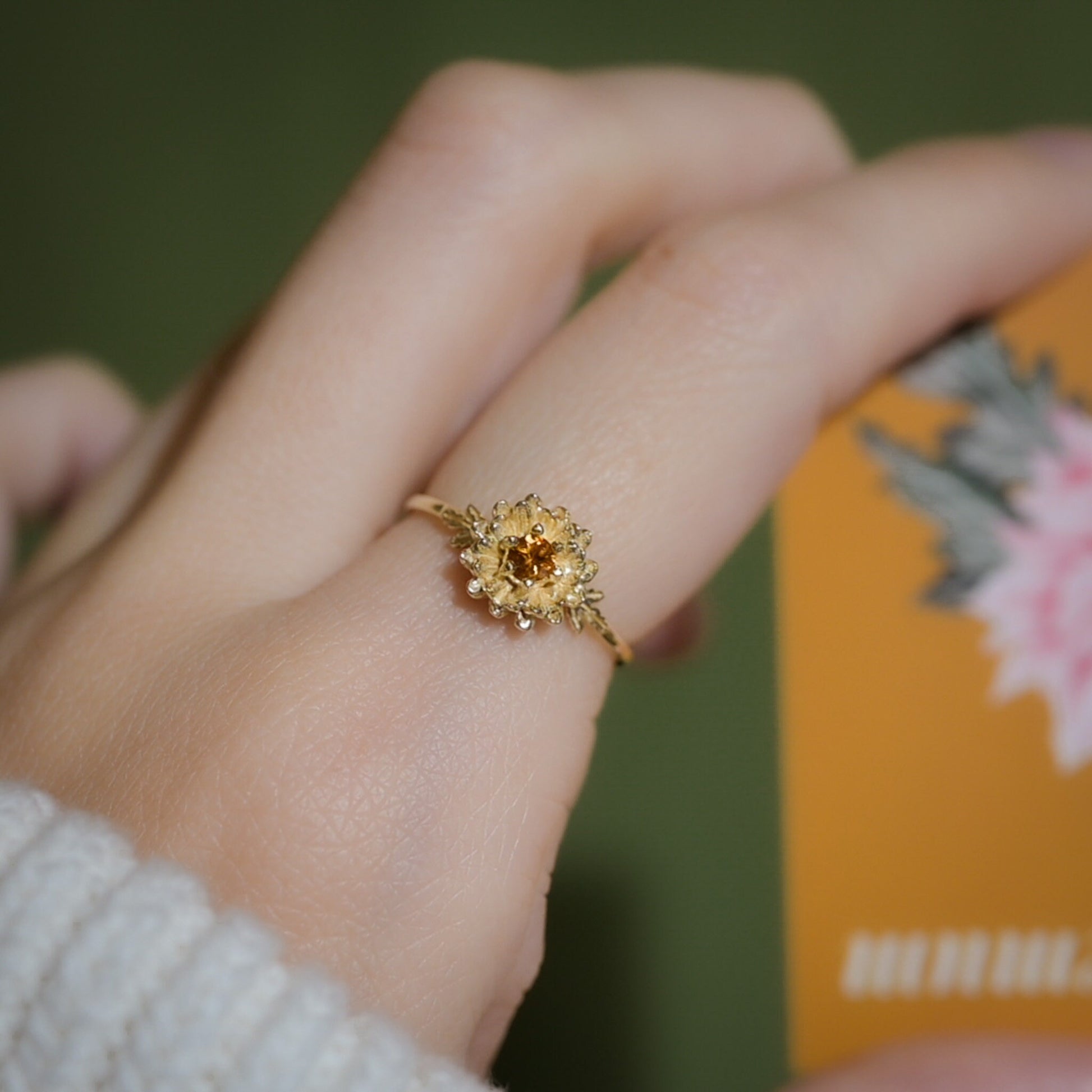 Chrysanthemum Flower Ring- Personalized Jewelry - November Birth Month Flower Gift, Solid Gold Vermeil or Silver, Citrine Brith stone