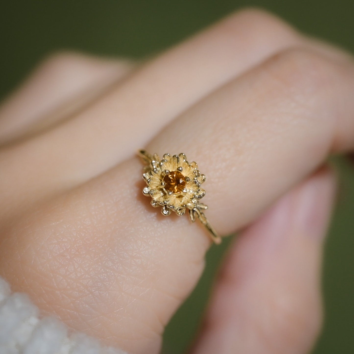 Chrysanthemum Flower Ring- Personalized Jewelry - November Birth Month Flower Gift, Solid Gold Vermeil or Silver, Citrine Brith stone