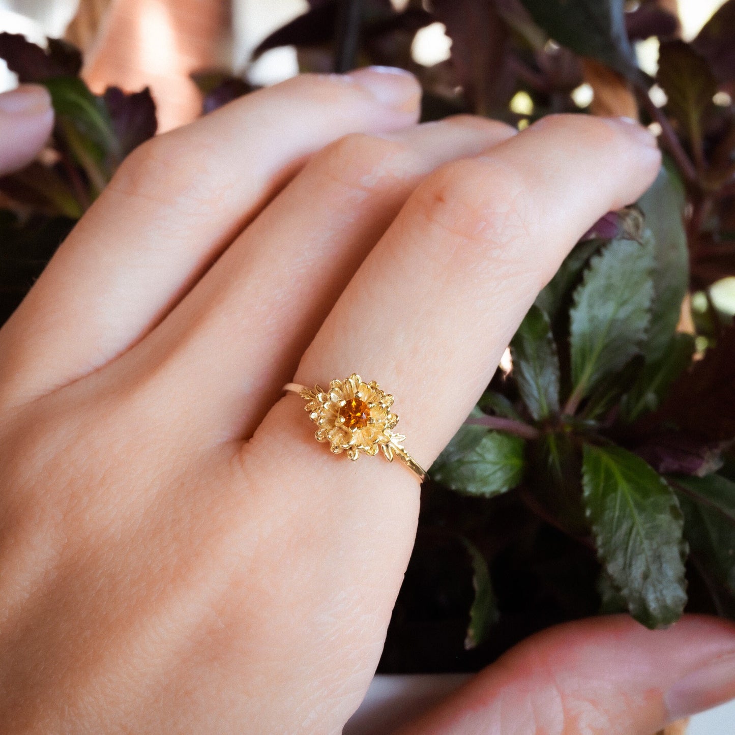 Chrysanthemum Flower Ring- Personalized Jewelry - November Birth Month Flower Gift, Solid Gold Vermeil or Silver, Citrine Brith stone