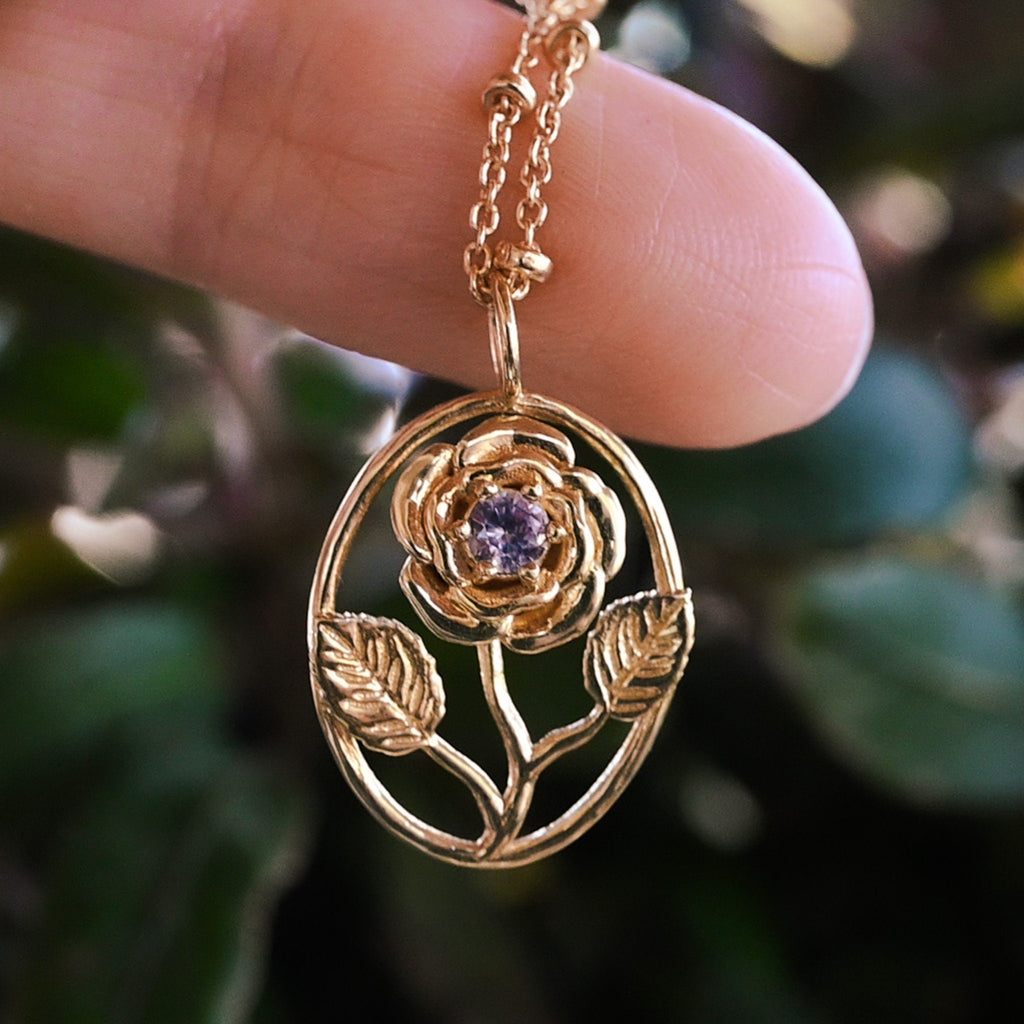 Rose Flower Necklace - Personalized Jewelry - June Birth Month Flower Gift, 14K Gold Plate with a Beaded Gold Filled chain