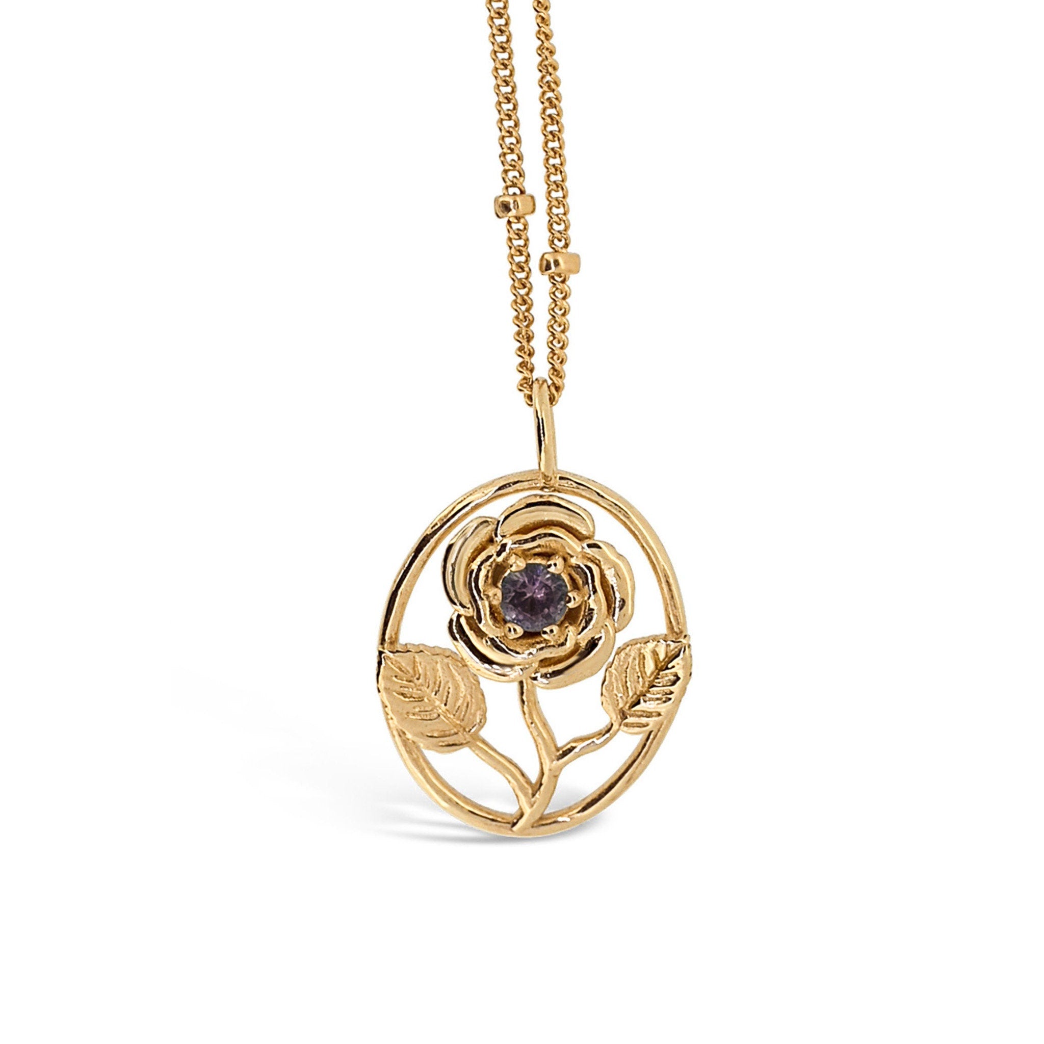 Rose Flower Necklace - Personalized Jewelry - June Birth Month Flower Gift, 14K Gold Plate with a Beaded Gold Filled chain
