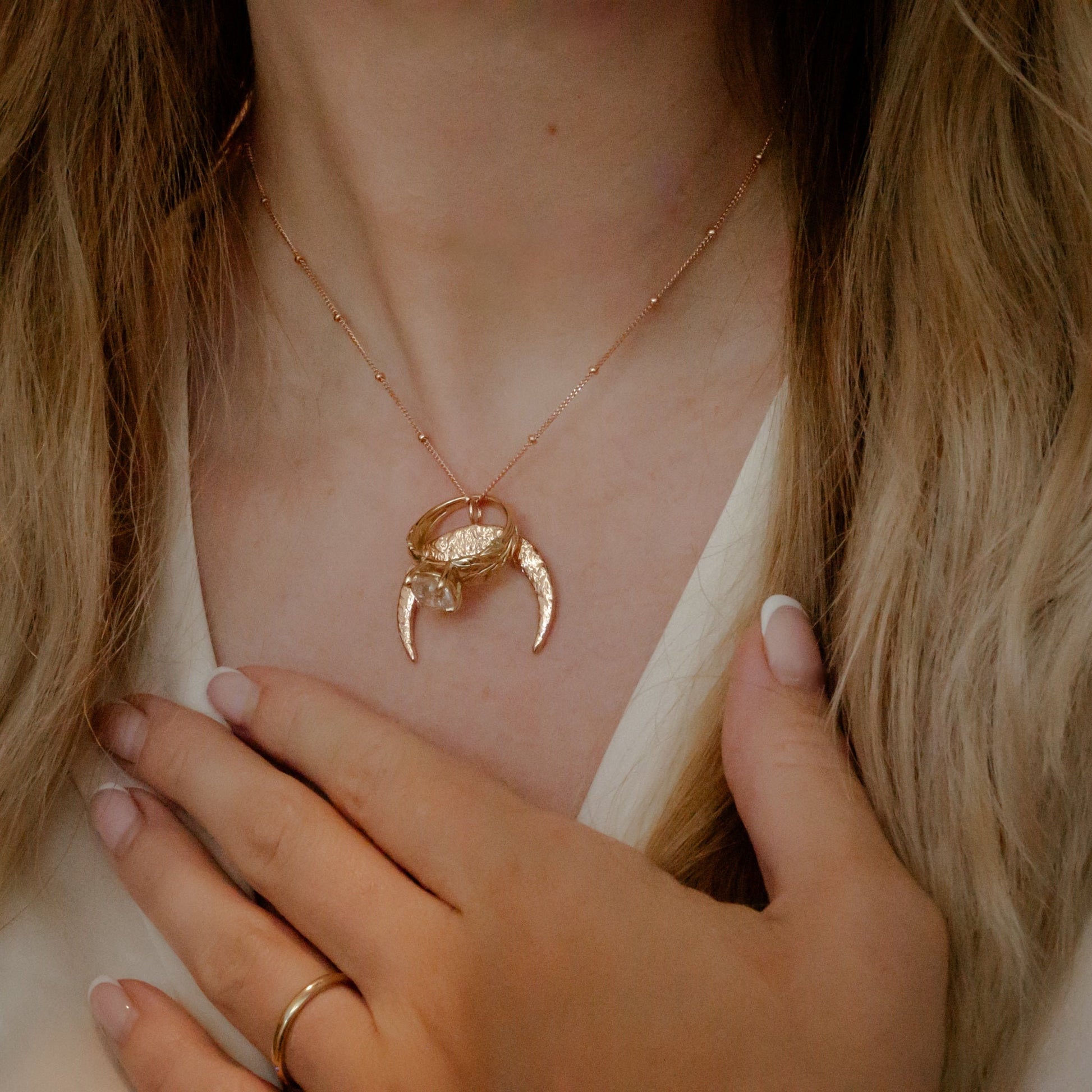 Ring Holder Moon Necklace, Crescent Moon Engagement Ring Holder in Silver, or Vermeil