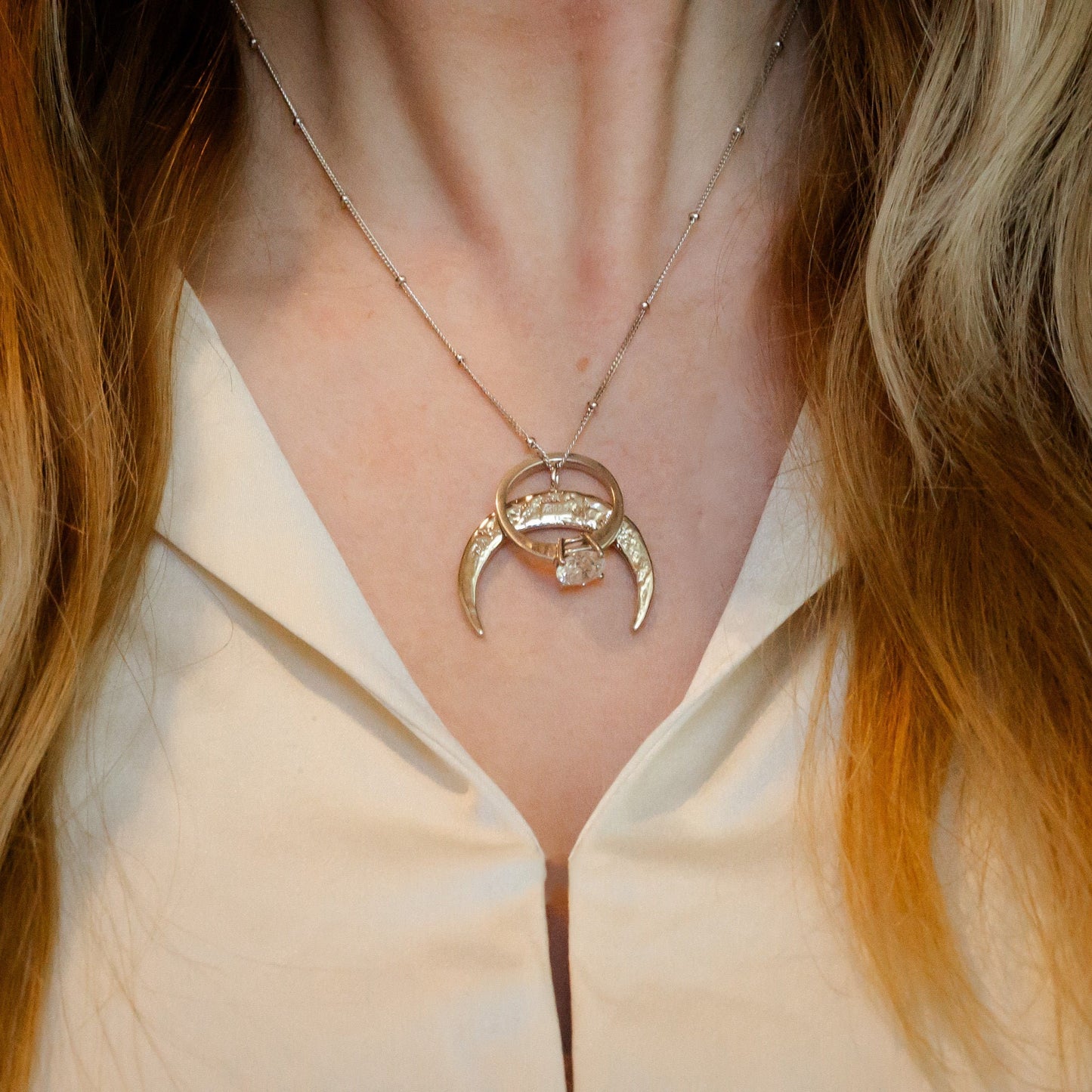 Ring Holder Moon Necklace, Crescent Moon Engagement Ring Holder in Silver, or Vermeil