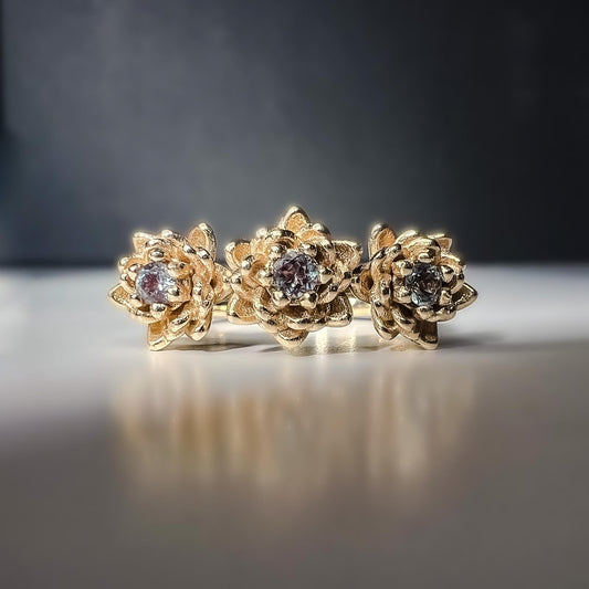 Water Lily or Lotus Flower three-stone Alexandrite Ring in Solid 14k Gold Size 6.25