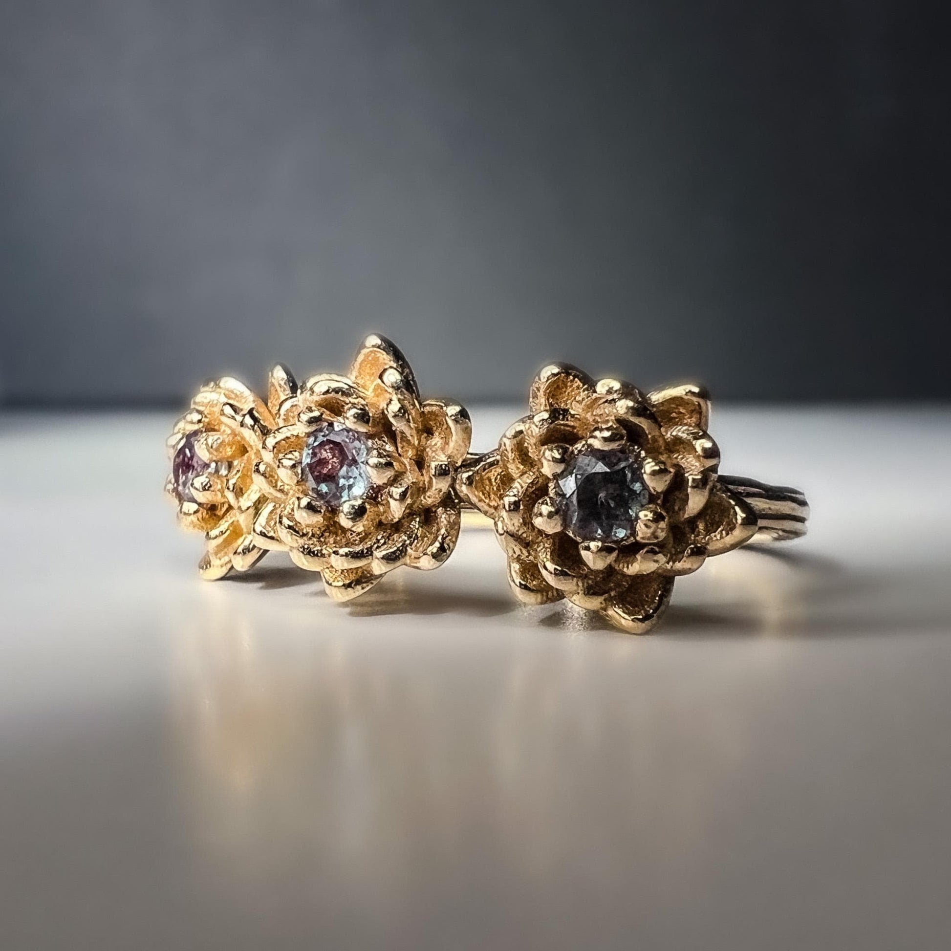 Water Lily or Lotus Flower three-stone Alexandrite Ring in Solid 14k Gold Size 6.25