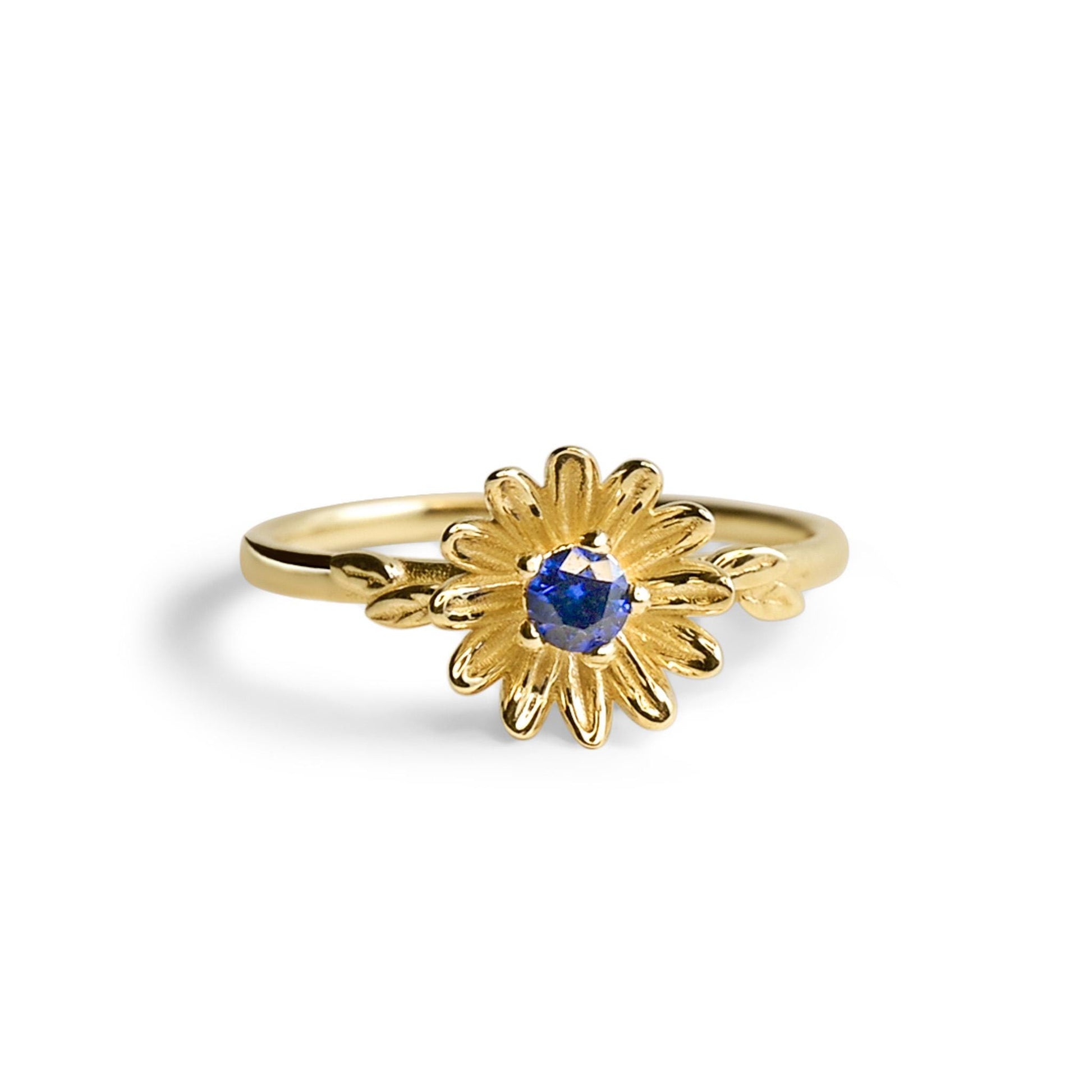 14k Gold Flower Ring, Birthstone Sapphire, Aster Flower Daisy, Size 6