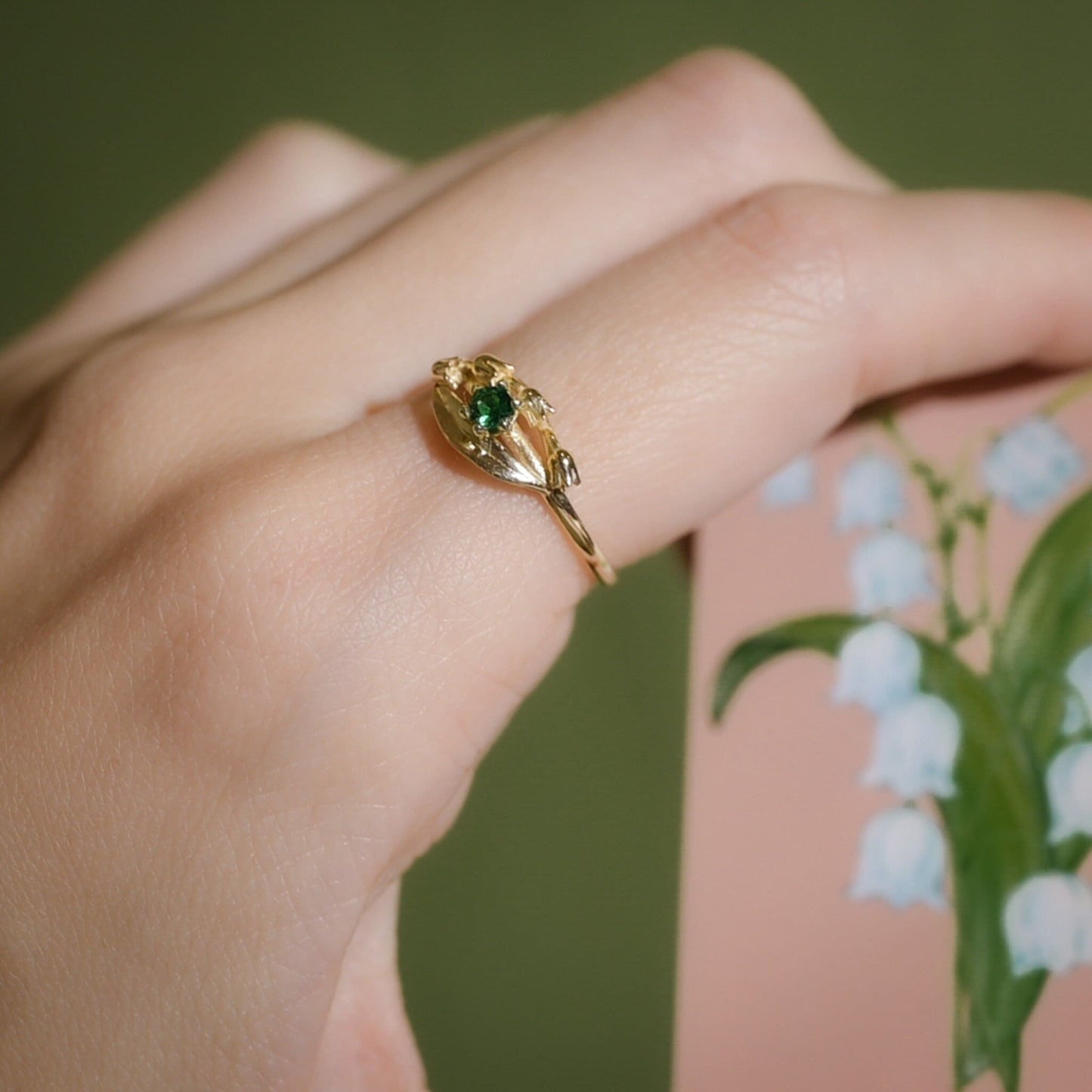 Emerald Lily of the Valley Vermeil May Birth Month Flower Ring, May Birthstone, Aesthetic Ring, Ameliarayjewelry, Size 8