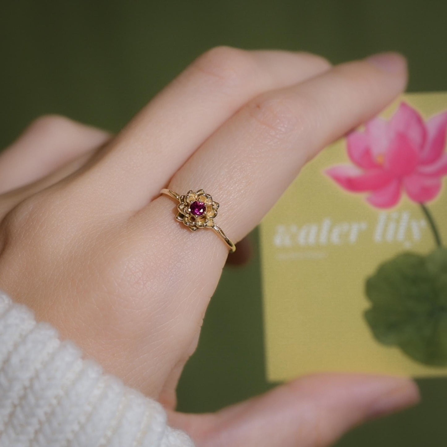 Water lily Flower Ring • Ruby July Birth Flower Ring • 14k Gold Plate