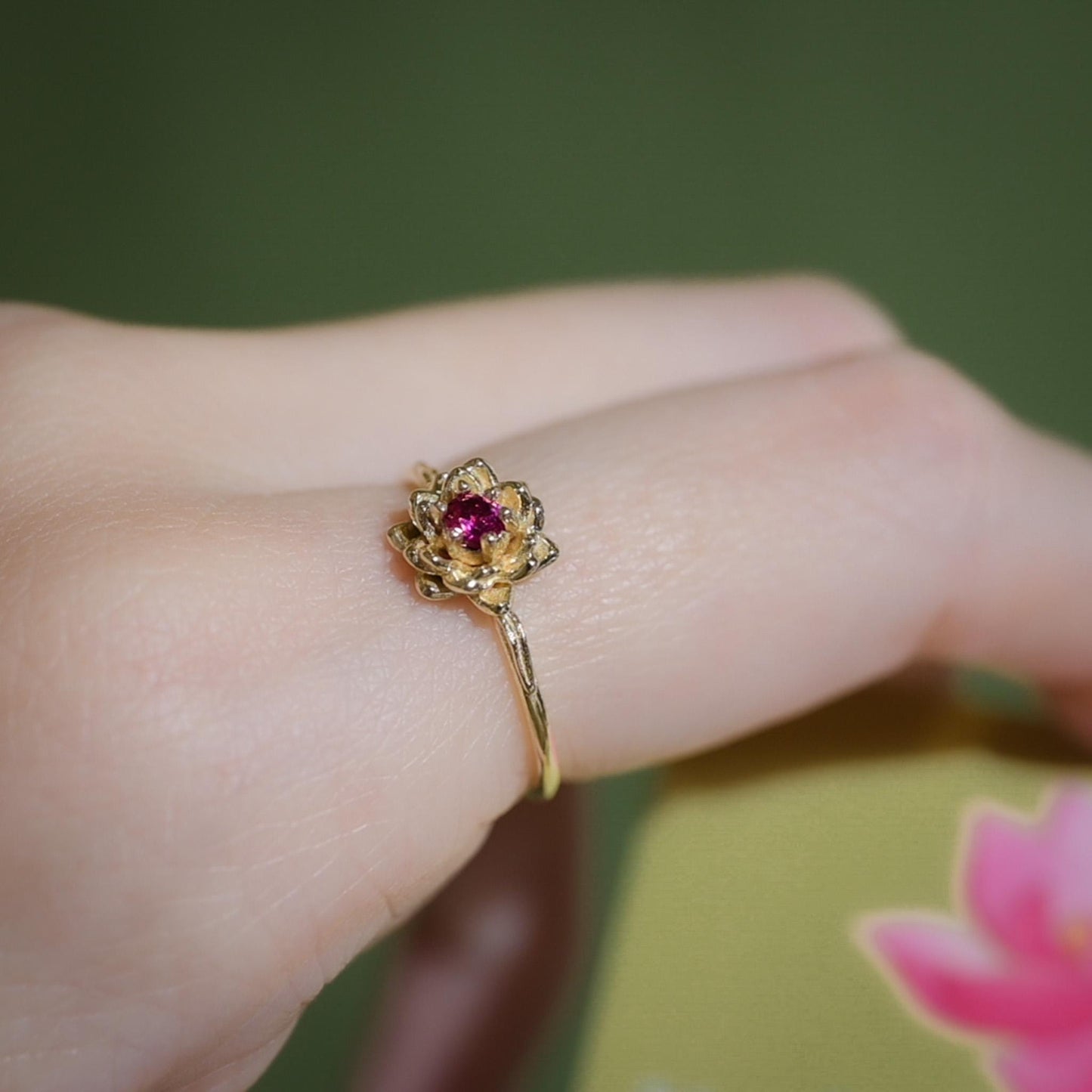 Water lily Flower Ring • Ruby July Birth Flower Ring • 14k Gold Plate