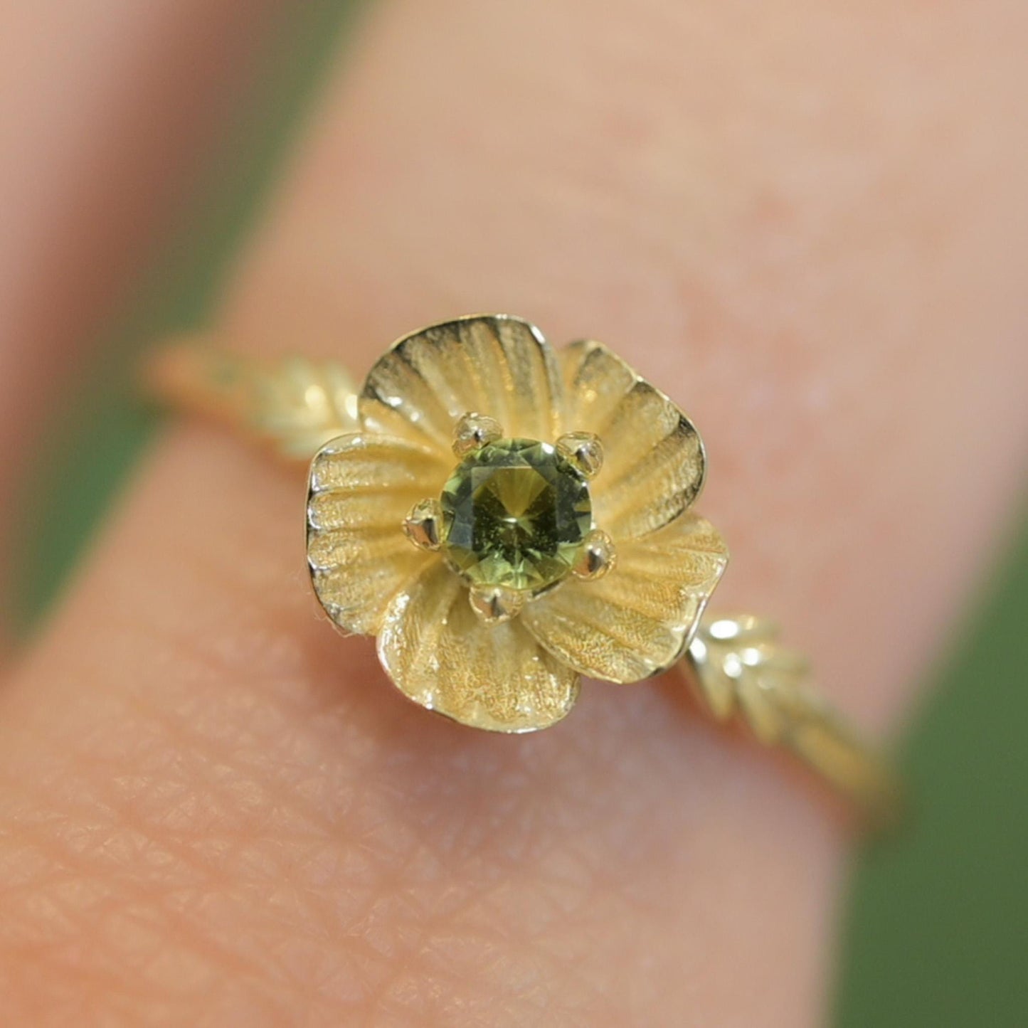 Poppy Flower Ring • Peridot August Birth Flower Ring • 14k Gold Plate