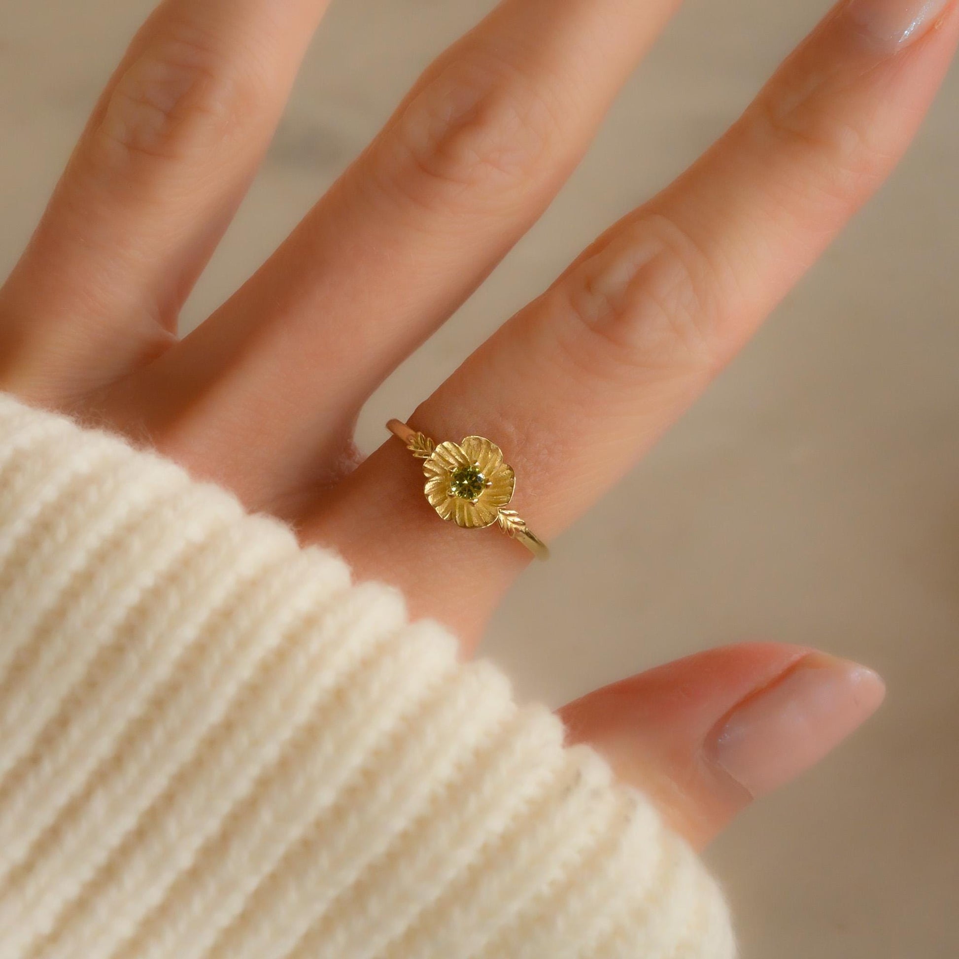 Poppy Flower Ring • Peridot August Birth Flower Ring • 14k Gold Plate