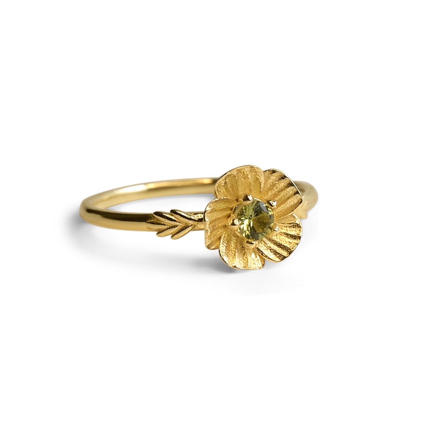 Poppy Flower Ring • Peridot August Birth Flower Ring • 14k Gold Plate