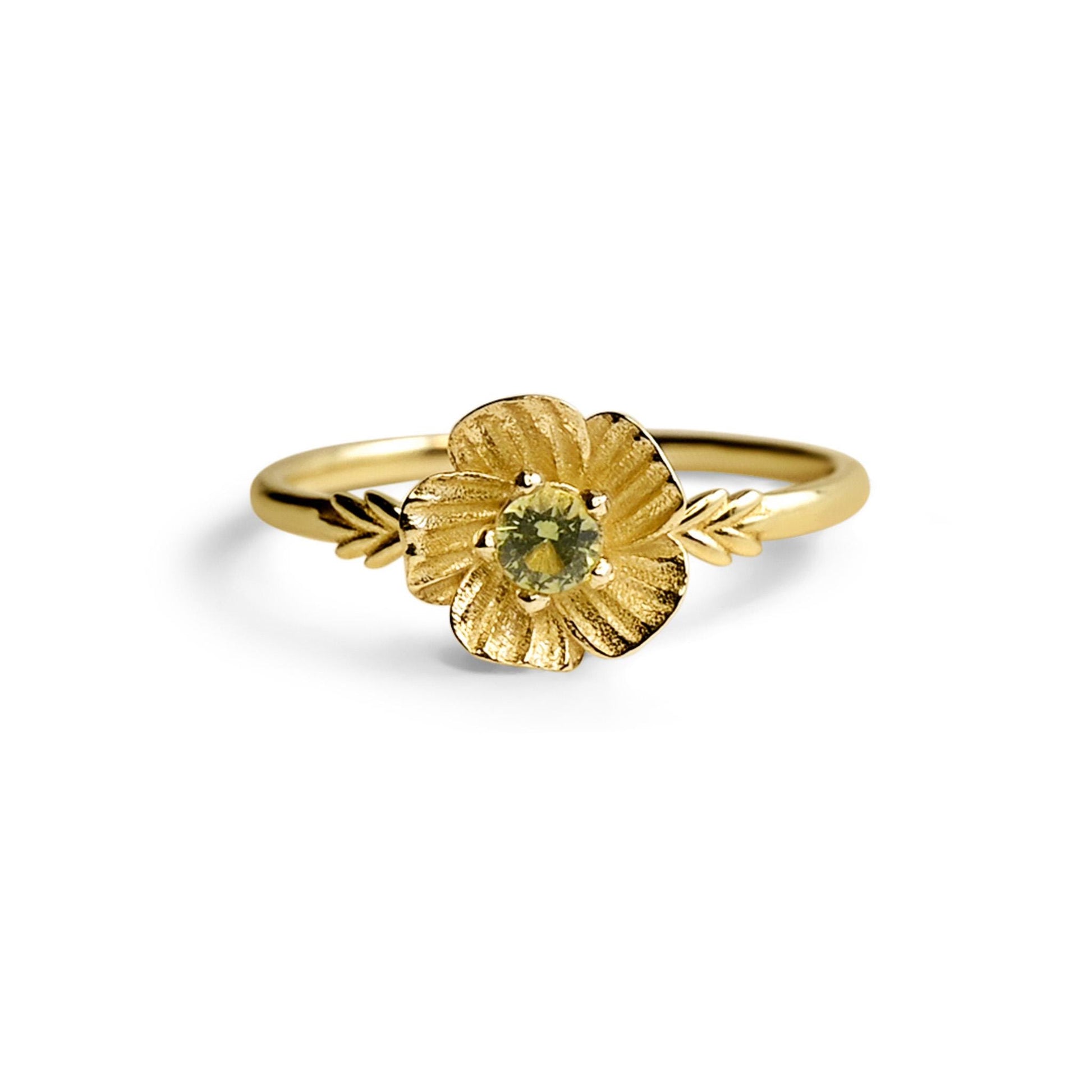 Poppy Flower Ring • Peridot August Birth Flower Ring • 14k Gold Plate