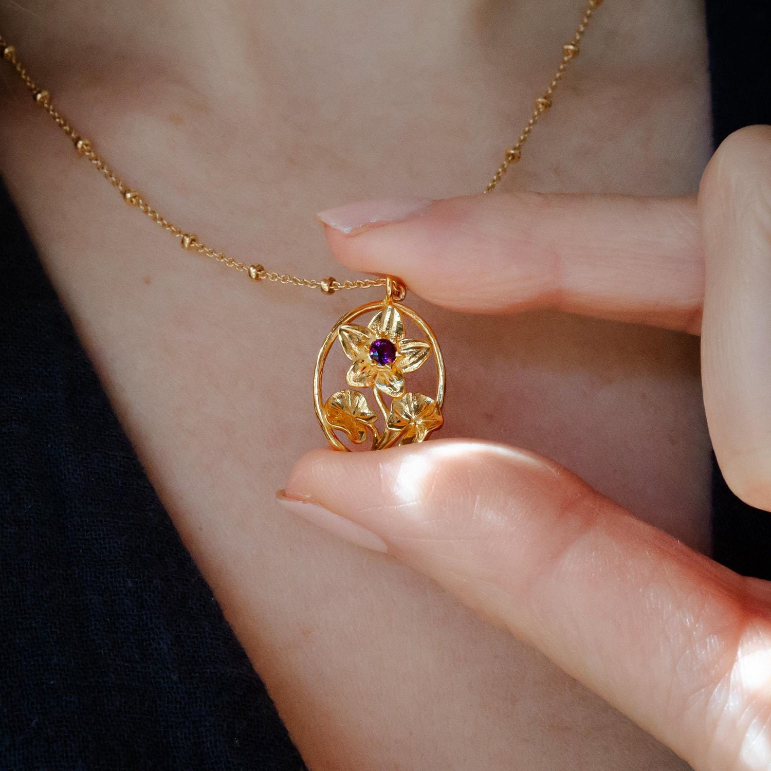 Violet Flower Necklace - 14K Gold Plate with a Beaded Gold Filled chain- Personalized Jewelry - February Birth Month Flower Gift,