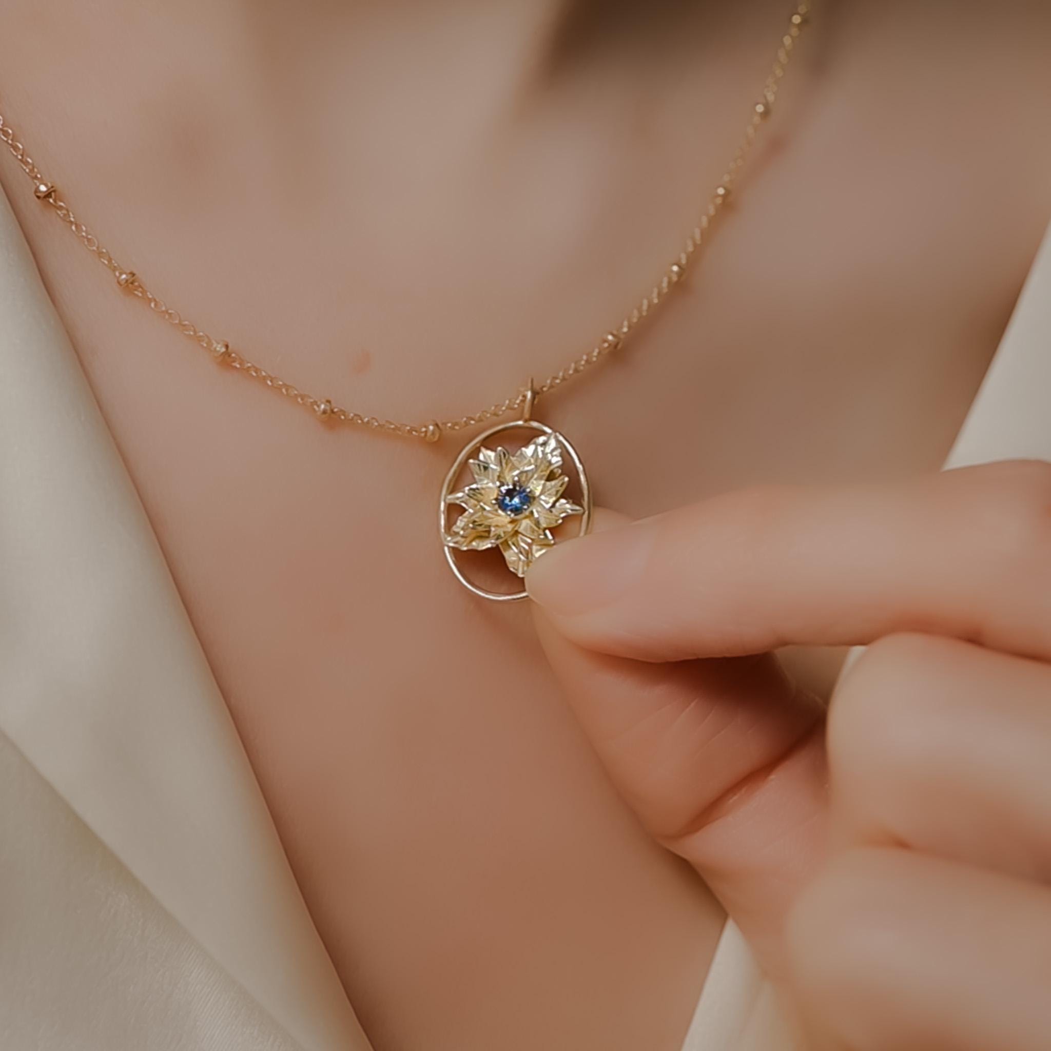 Poinsettia Flower Necklace - 14K Gold Plate with a Beaded Gold Filled chain- Personalized Jewelry -Tanzanite Birth Month Flower Gift