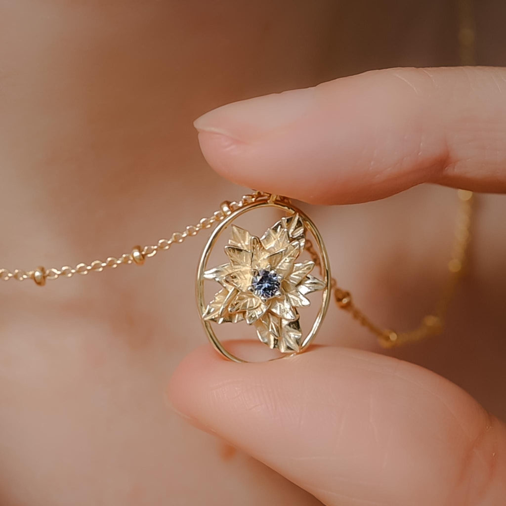 Poinsettia Flower Necklace - 14K Gold Plate with a Beaded Gold Filled chain- Personalized Jewelry -Tanzanite Birth Month Flower Gift