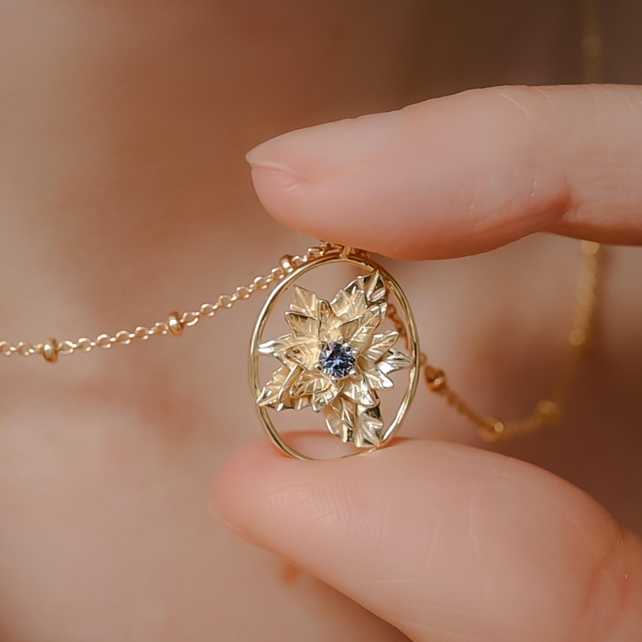 Poinsettia Flower Necklace - 14K Gold Plate with a Beaded Gold Filled chain- Personalized Jewelry -Tanzanite Birth Month Flower Gift