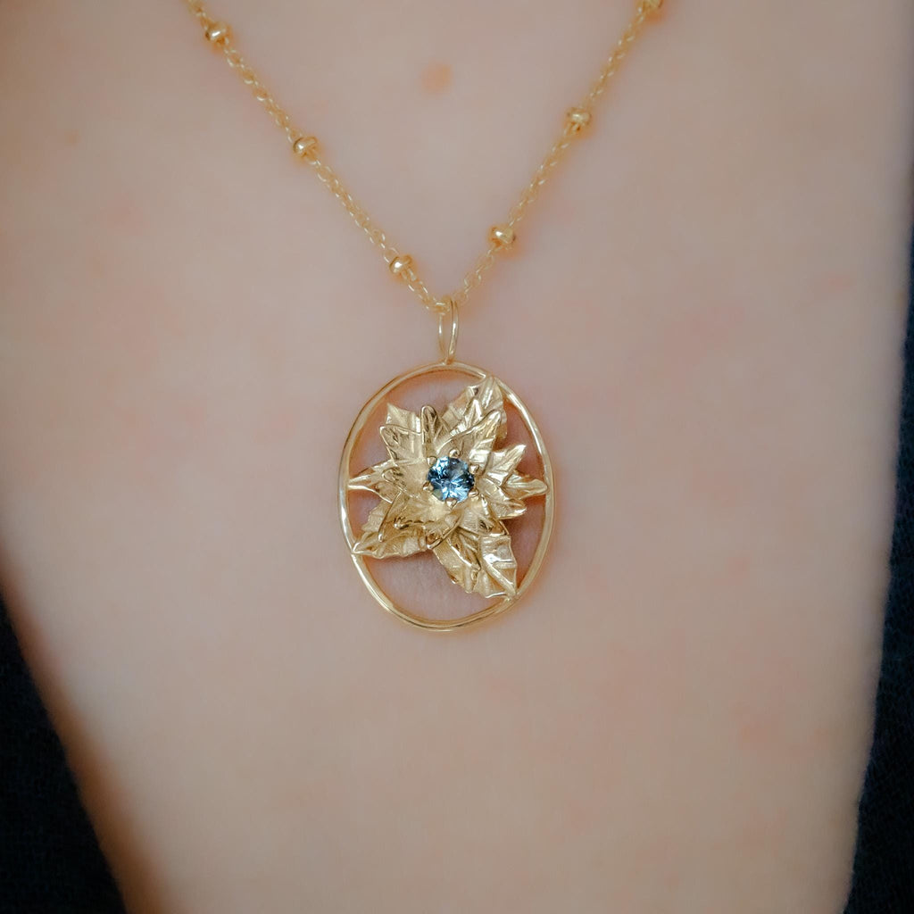 Poinsettia Flower Necklace - 14K Gold Plate with a Beaded Gold Filled chain- Personalized Jewelry -Tanzanite Birth Month Flower Gift