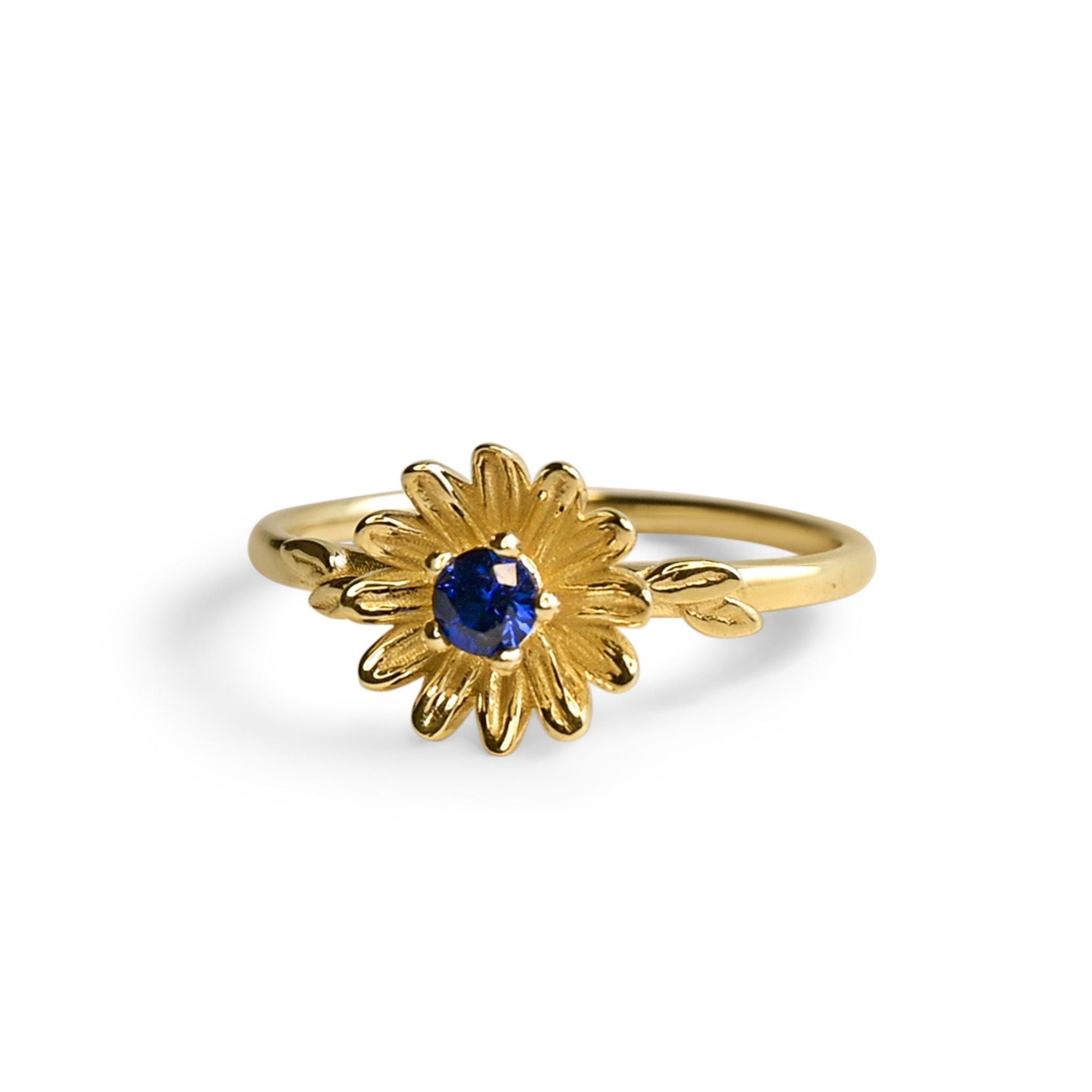 14k Gold Flower Ring, Birthstone Sapphire, Aster Flower Daisy, Size 6