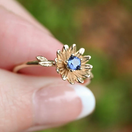 14k Gold Flower Ring, Birthstone Sapphire, Aster Flower Daisy