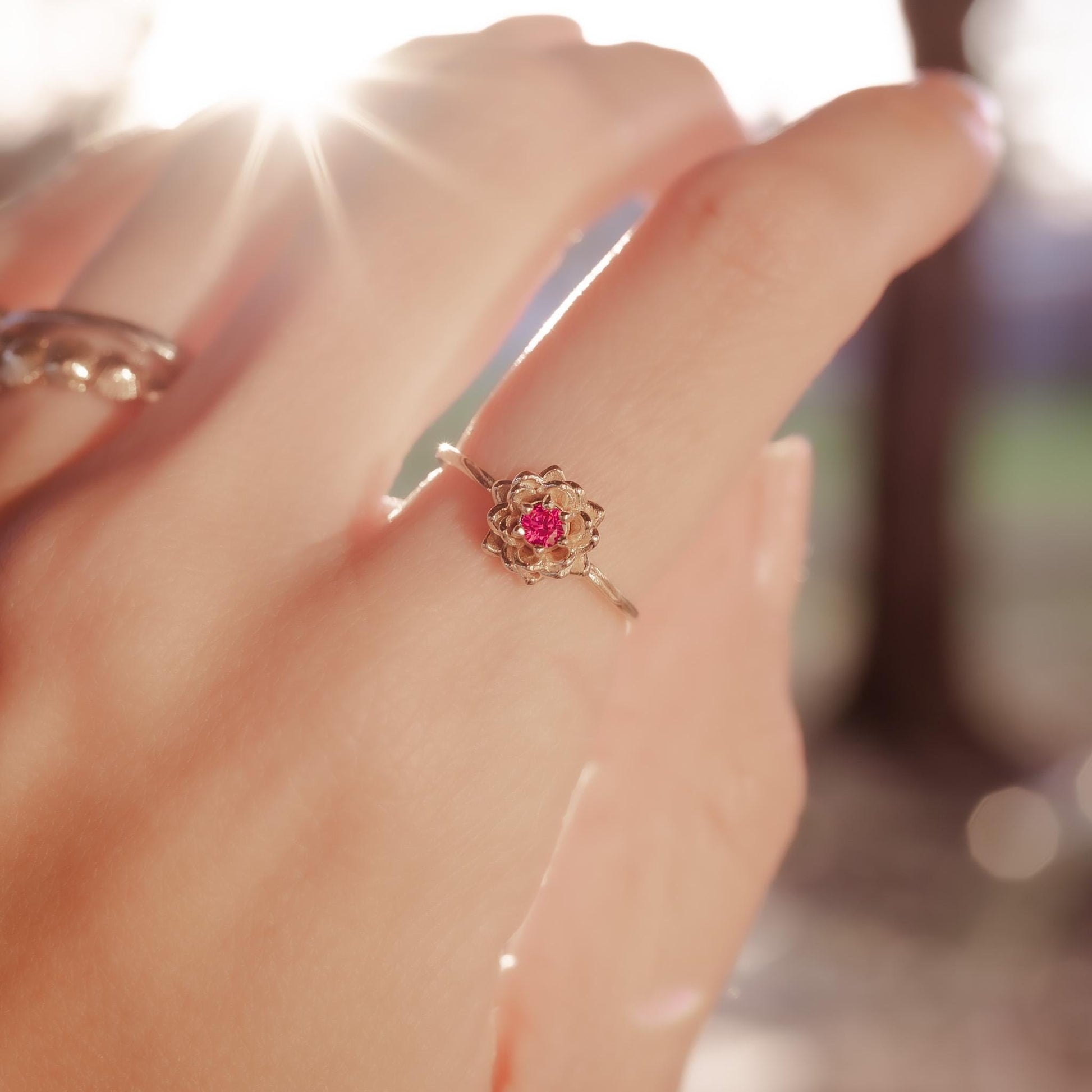 Water lily Flower Ring • Ruby July Birth Flower Ring • 14k Gold Plate