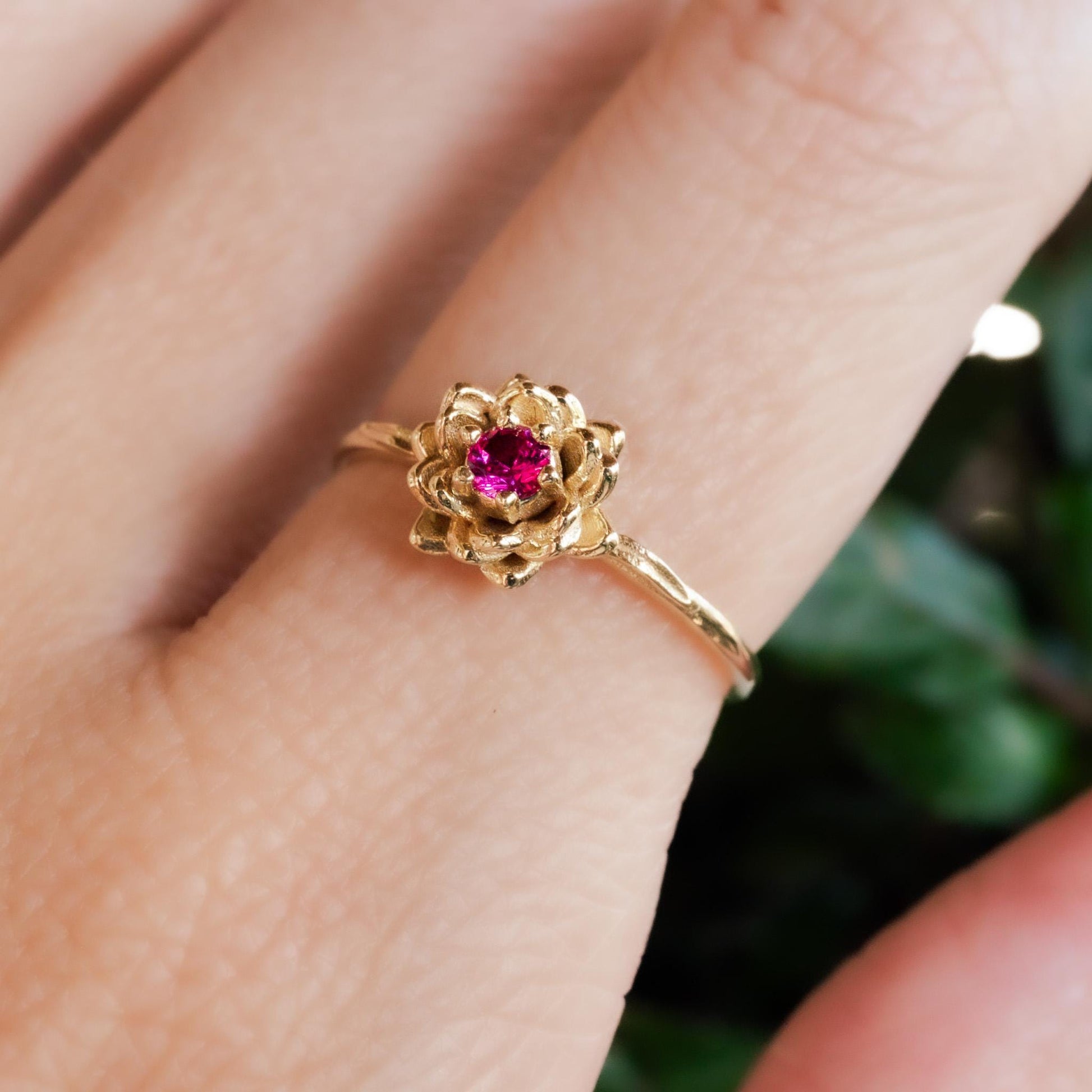 Water lily Flower Ring • Ruby July Birth Flower Ring • 14k Gold Plate