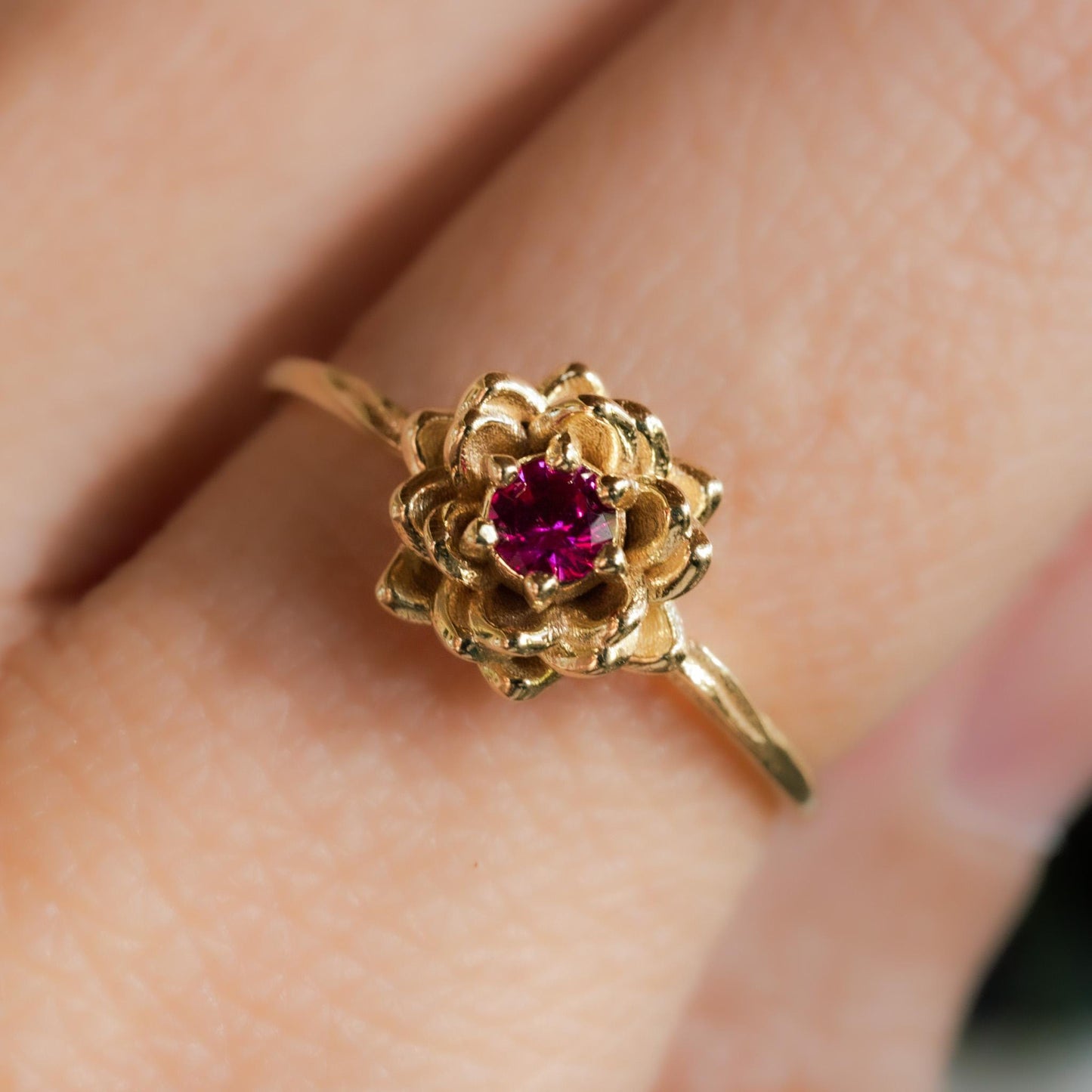 Water lily Flower Ring • Ruby July Birth Flower Ring • 14k Gold Plate