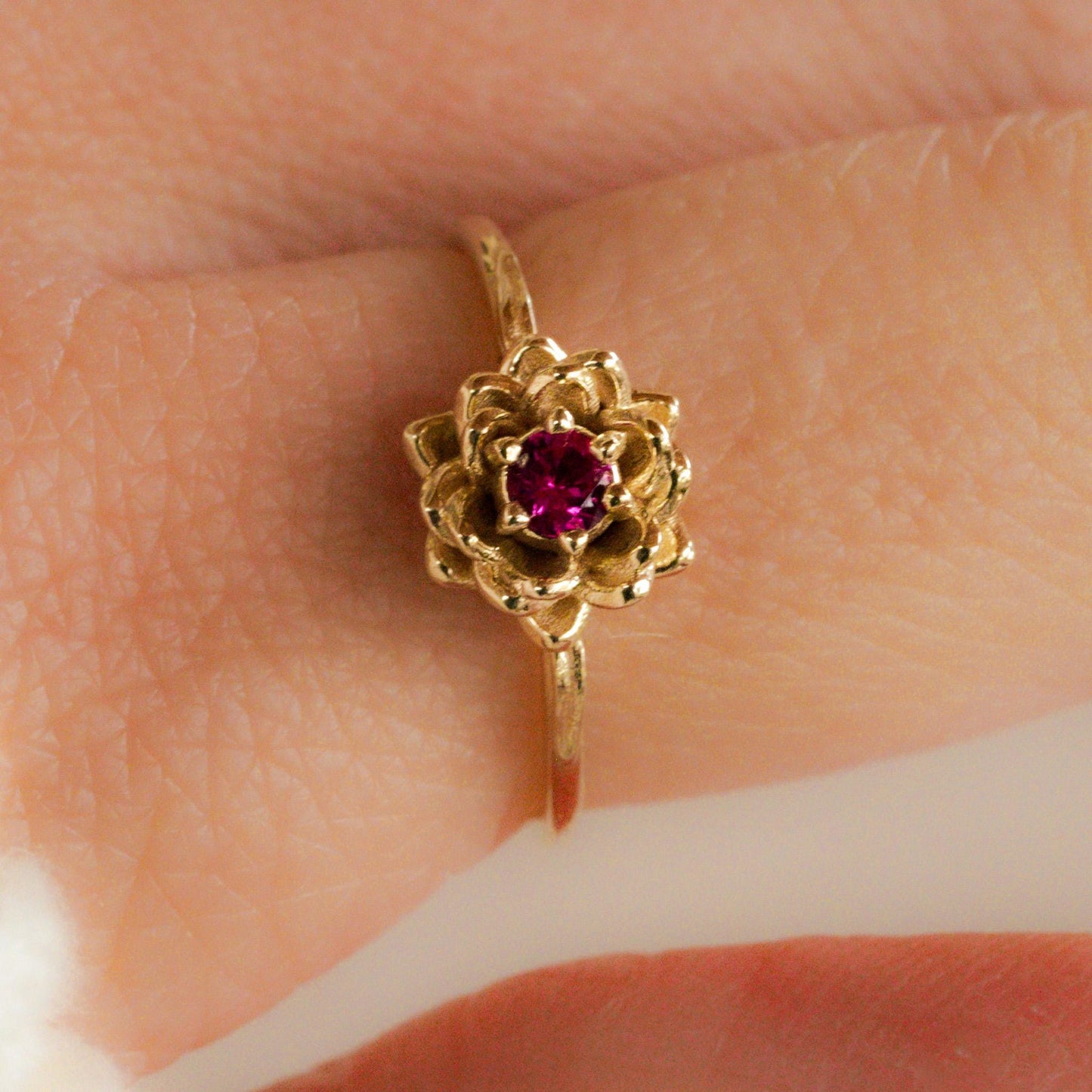 Water lily Flower Ring • Ruby July Birth Flower Ring • 14k Gold Plate