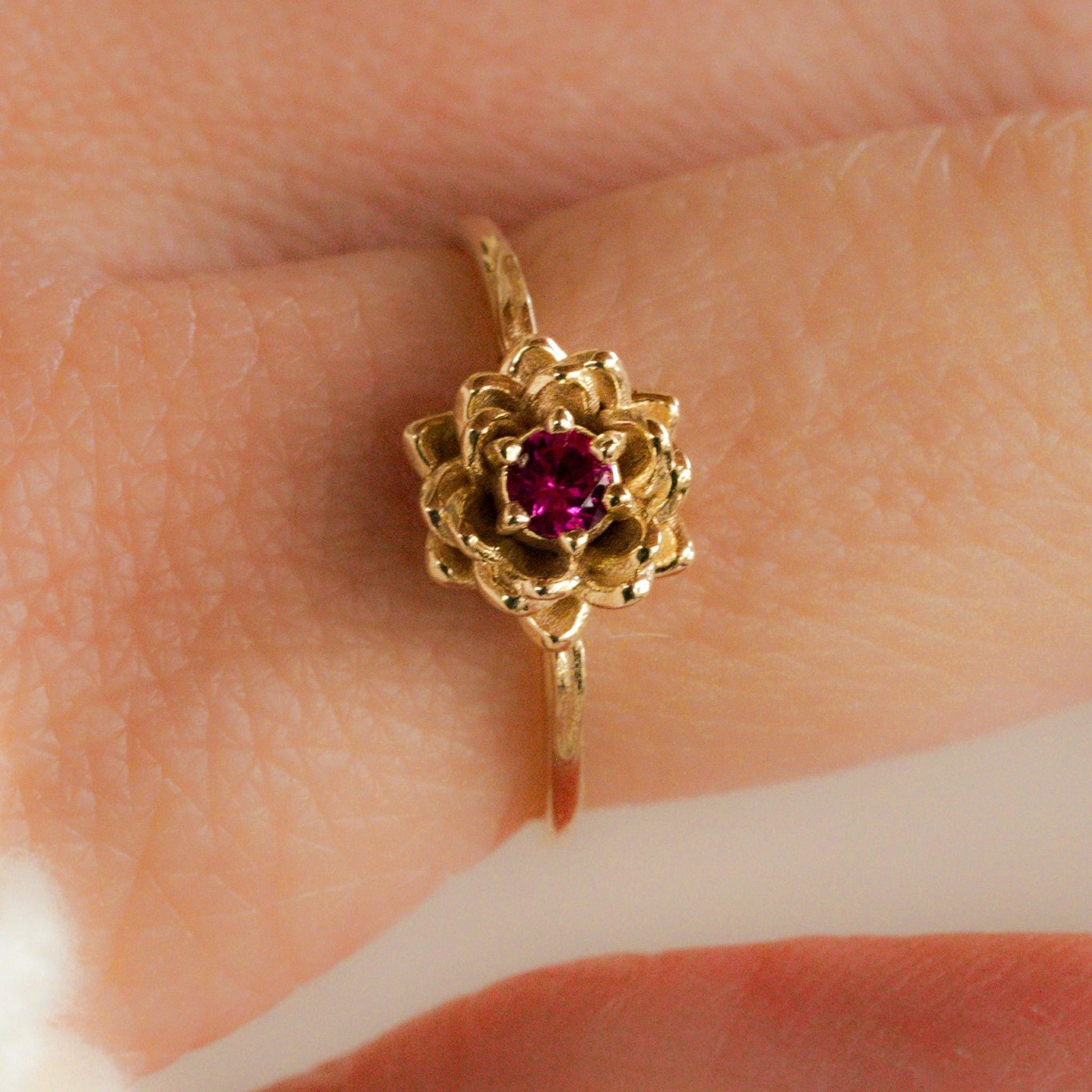 Water lily Flower Ring • Ruby July Birth Flower Ring • 14k Gold Plate