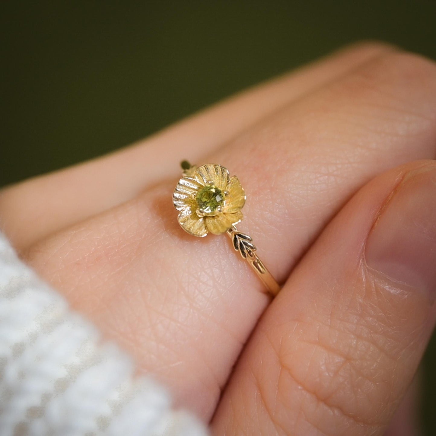 Poppy Flower Ring • Peridot August Birth Flower Ring • 14k Gold Plate