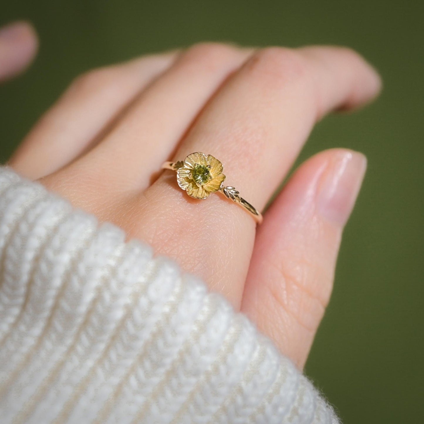 Poppy Flower Ring • Peridot August Birth Flower Ring • 14k Gold Plate