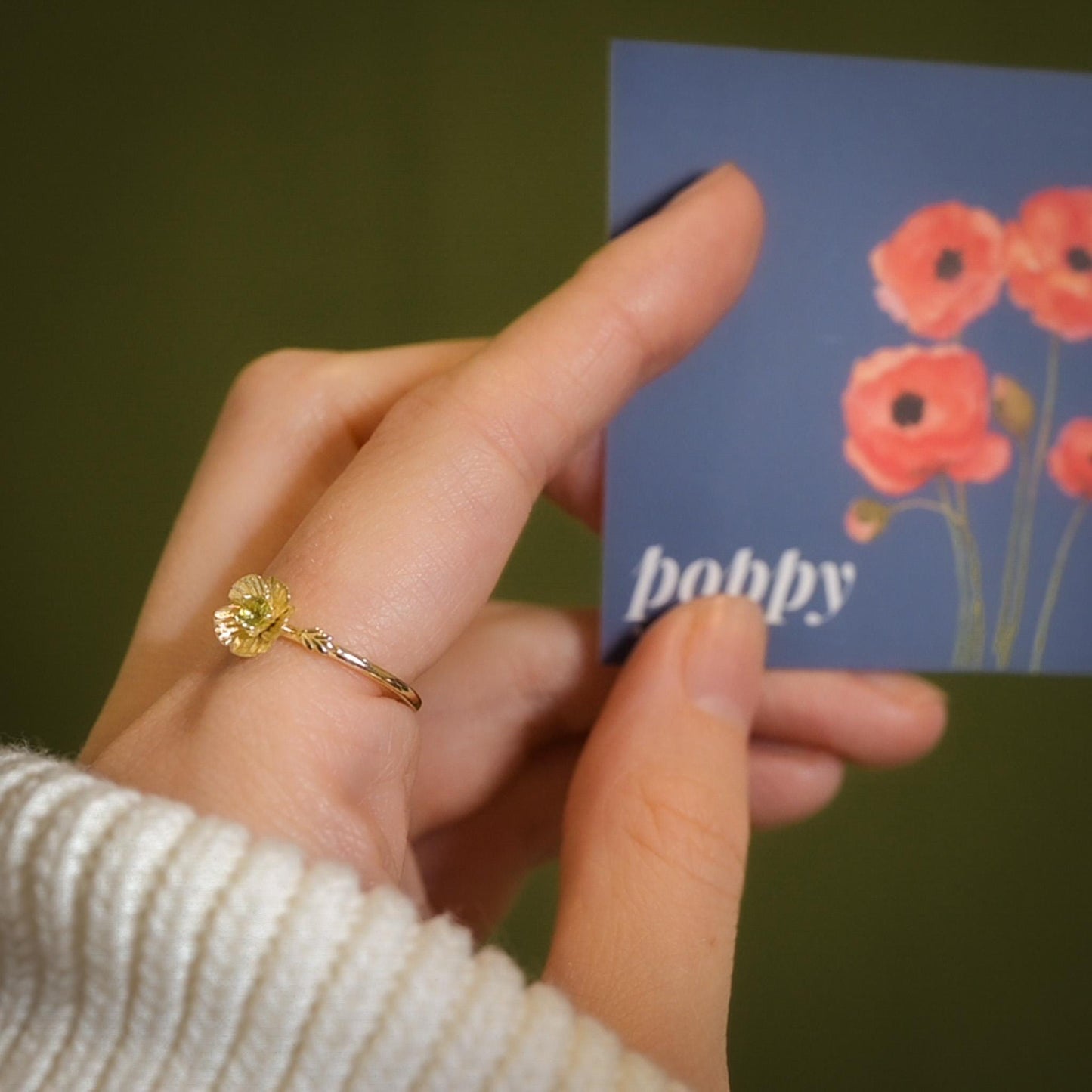 Poppy Flower Ring • Peridot August Birth Flower Ring • 14k Gold Plate