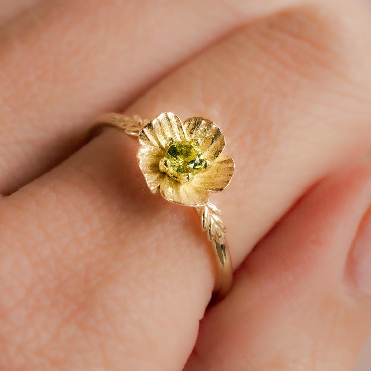 Poppy Flower Ring • Peridot August Birth Flower Ring • 14k Gold Plate