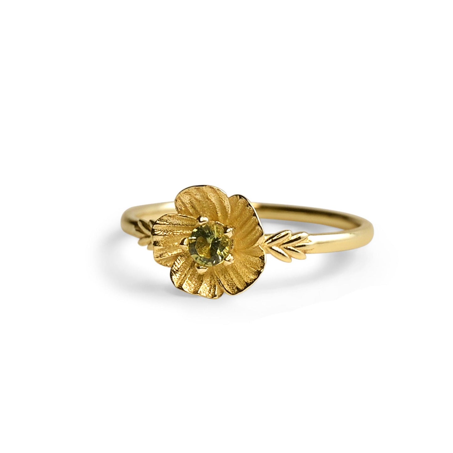 Poppy Flower Ring • Peridot August Birth Flower Ring • 14k Gold Plate