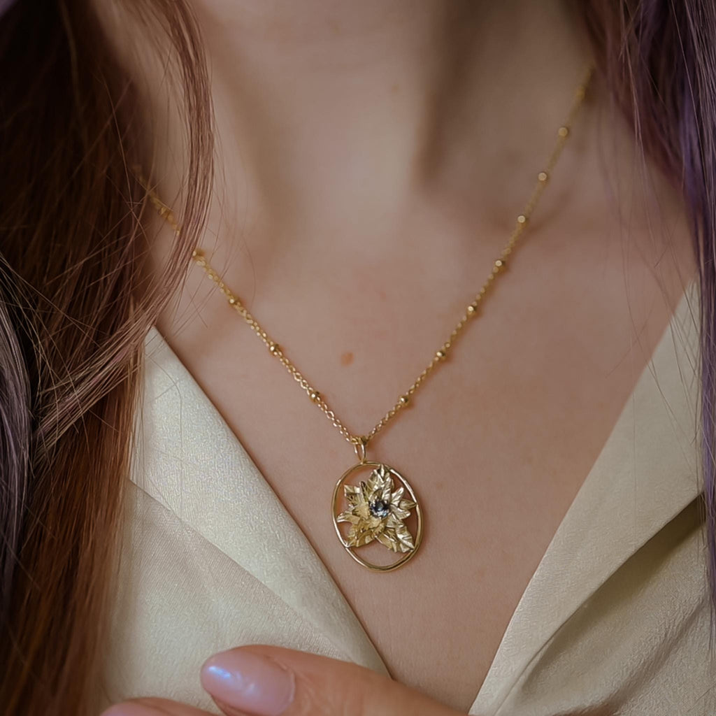 Poinsettia Flower Necklace - 14K Gold Plate with a Beaded Gold Filled chain- Personalized Jewelry -Tanzanite Birth Month Flower Gift