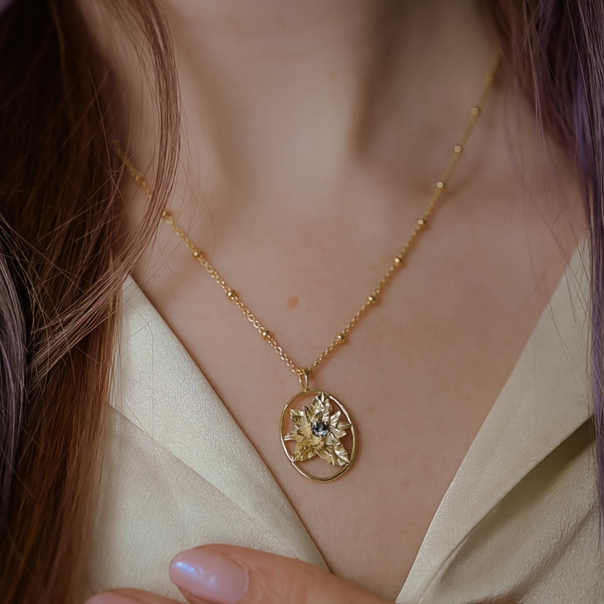 Poinsettia Flower Necklace - 14K Gold Plate with a Beaded Gold Filled chain- Personalized Jewelry -Tanzanite Birth Month Flower Gift