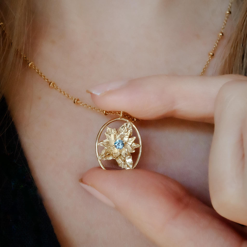 Poinsettia Flower Necklace - 14K Gold Plate with a Beaded Gold Filled chain- Personalized Jewelry -Tanzanite Birth Month Flower Gift